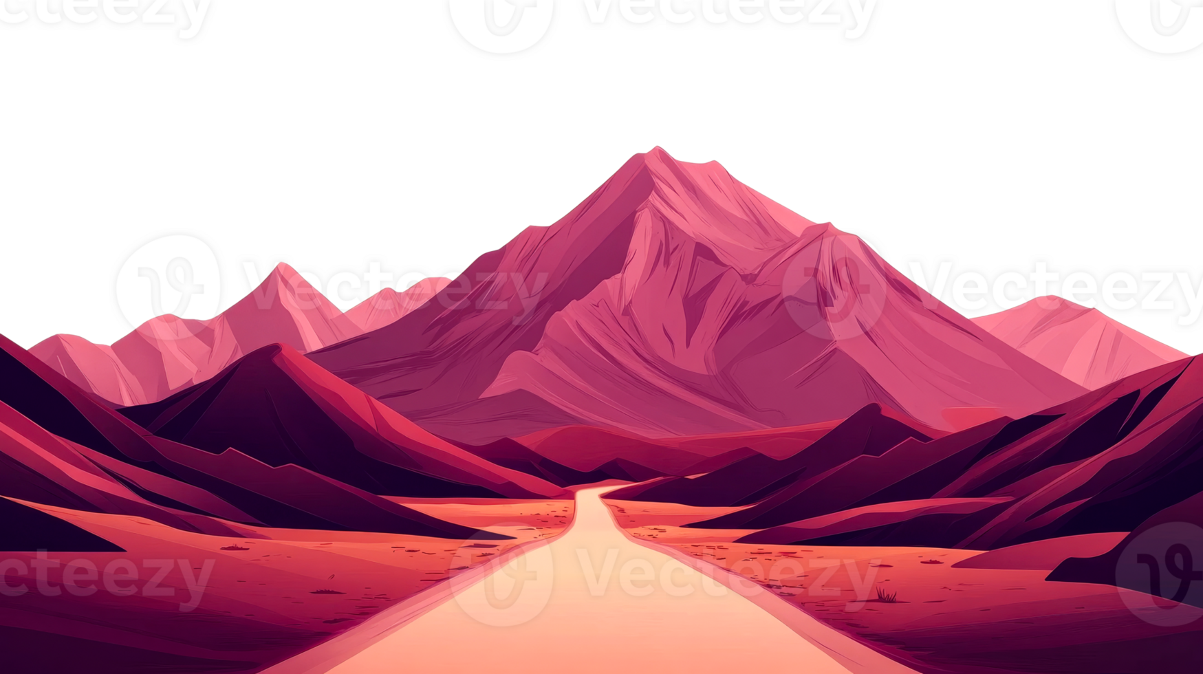 Pink mountain landscape with a path, illustration, cut out transparent png