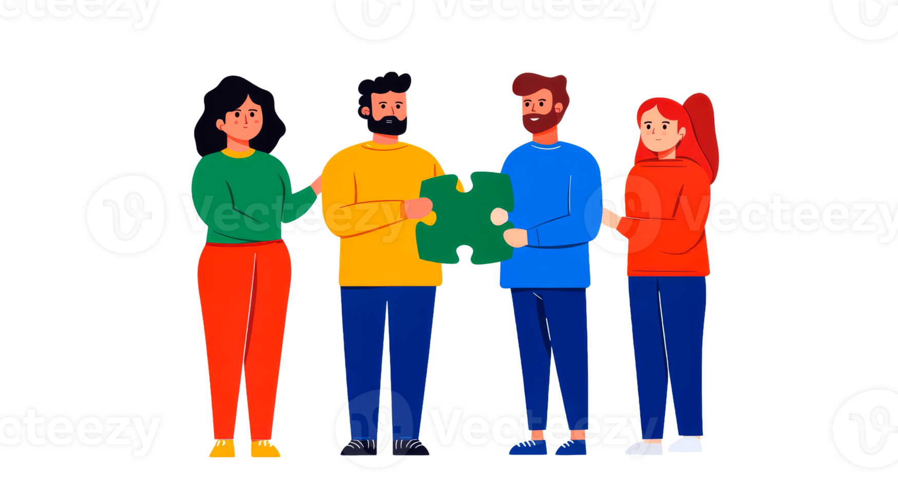 Team of diverse cartoon people solving puzzle, cooperation ,cut out transparent png