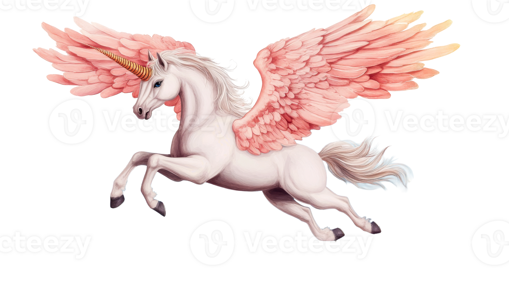 Majestic winged unicorn with pink feathers on black, cut out transparent png