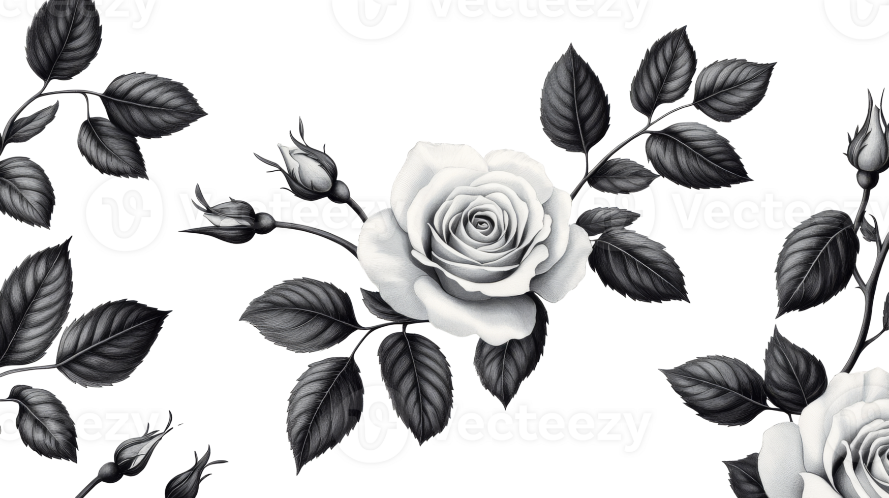Monochrome Rose Illustration with Buds and Leaves, cut out transparent png