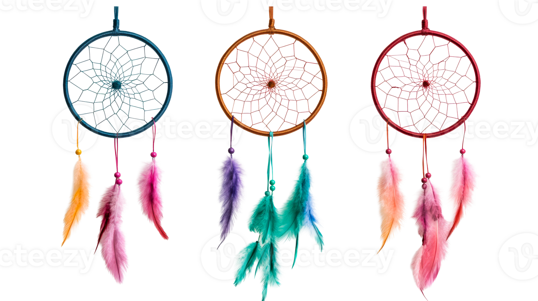 Dreamcatchers set with feathers, different colors, spiritual element, cut out transparent png