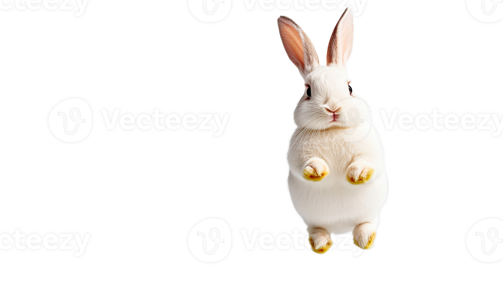 Fluffy white rabbit standing, isolated on black background, cut out transparent png