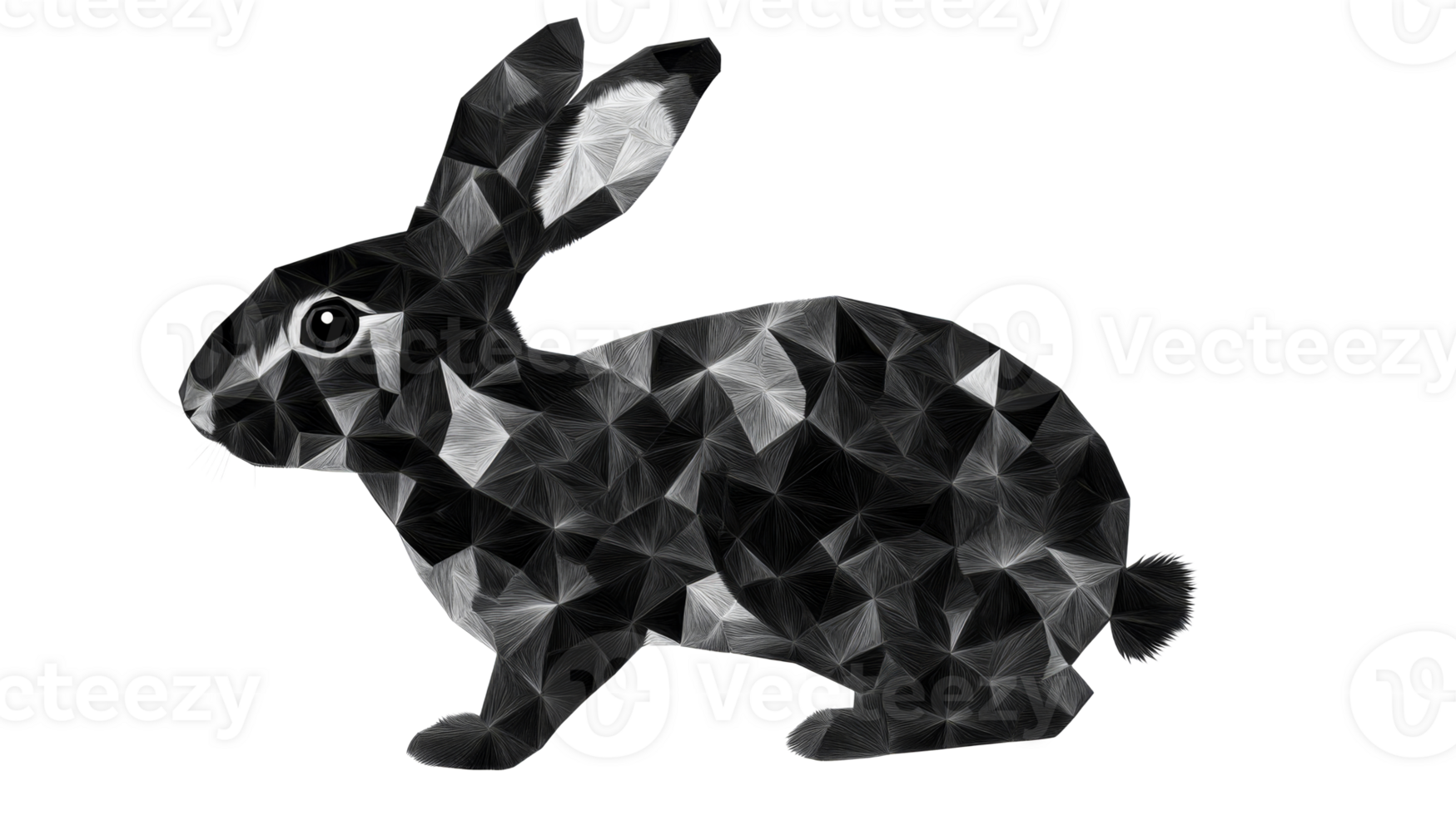 Geometric rabbit on black background, triangle pattern, design, cut out transparent png