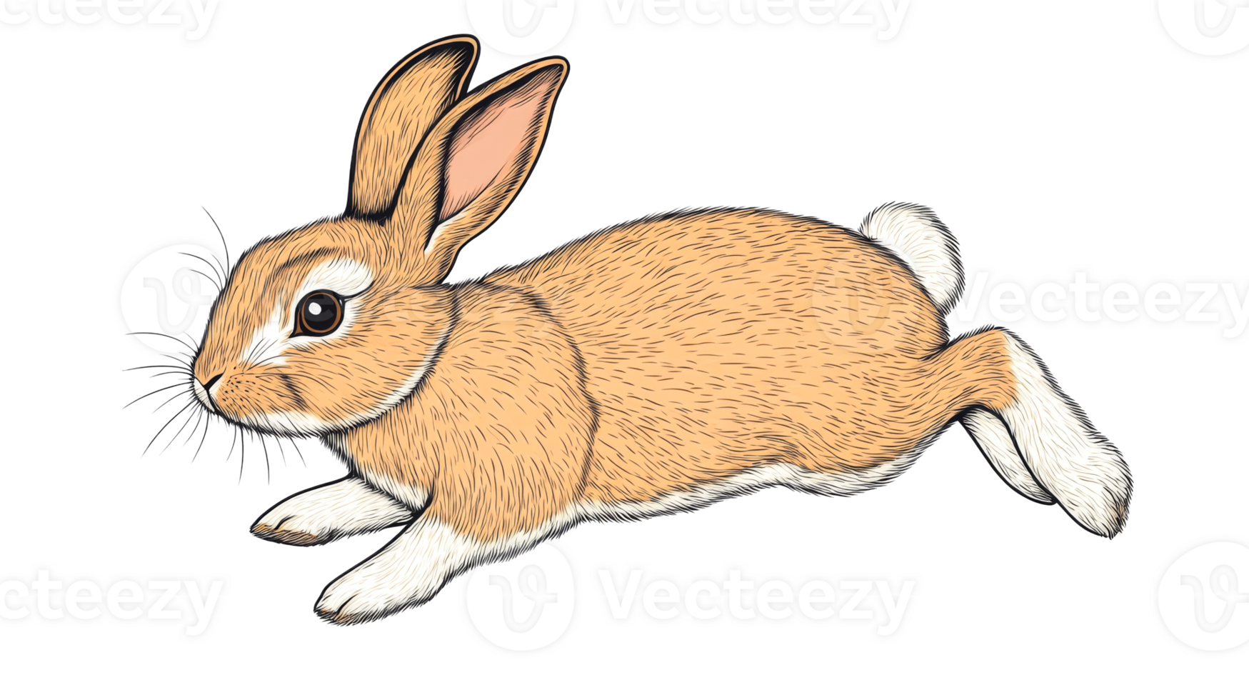 Tan rabbit leaps, poised in mid-air, white paws visible, cut out transparent png