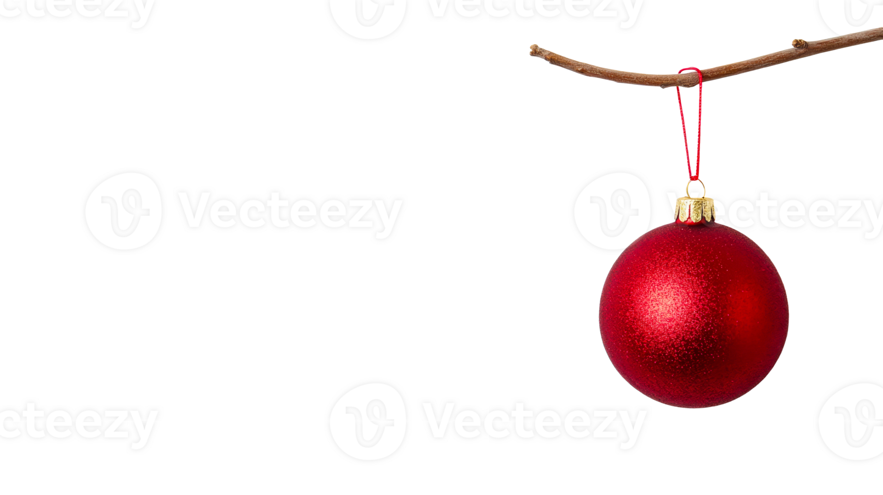 Red ornament hanging on a twig on black, cut out transparent png