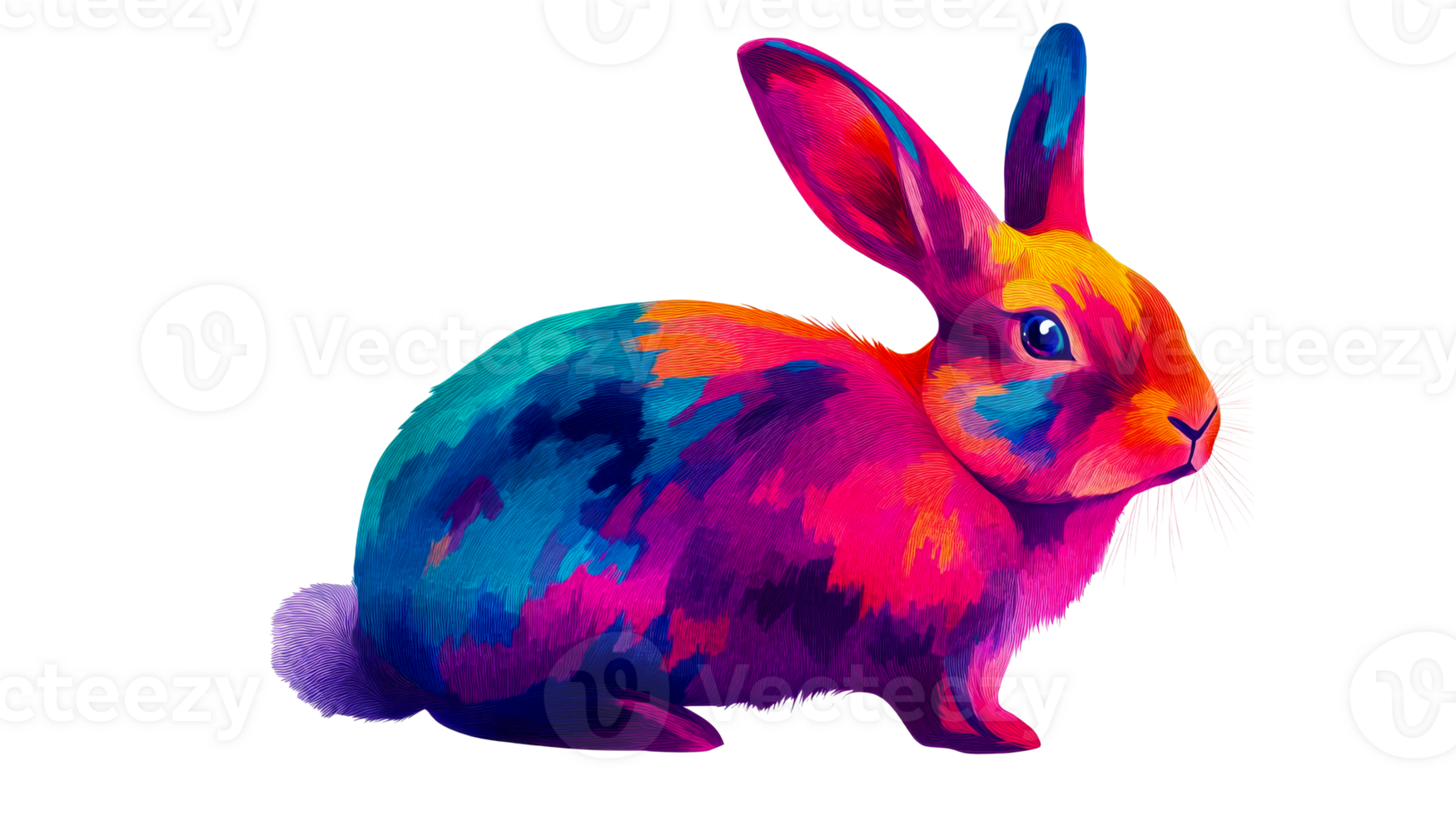 Colorful rabbit illustration on black backdrop, cut out transparent png