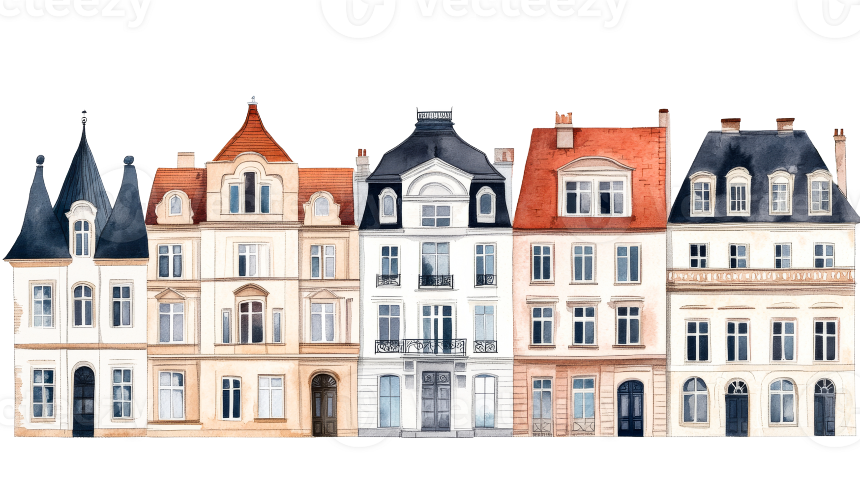 Row of Watercolor European Buildings, Architecture Design, cut out transparent png