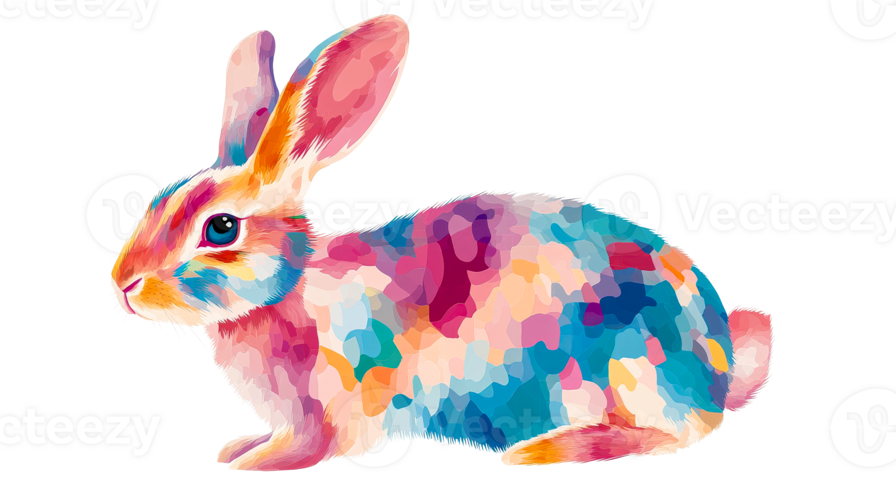 Colorful artistic rabbit illustration, animal portrait, vibrant hues, cut out transparent png