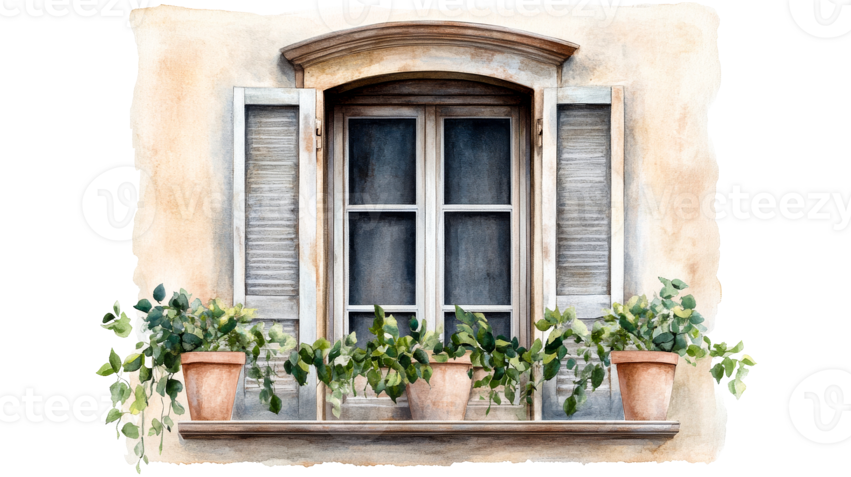 Window, plants, shutters, watercolor painting, architecture, facade, cut out transparent png