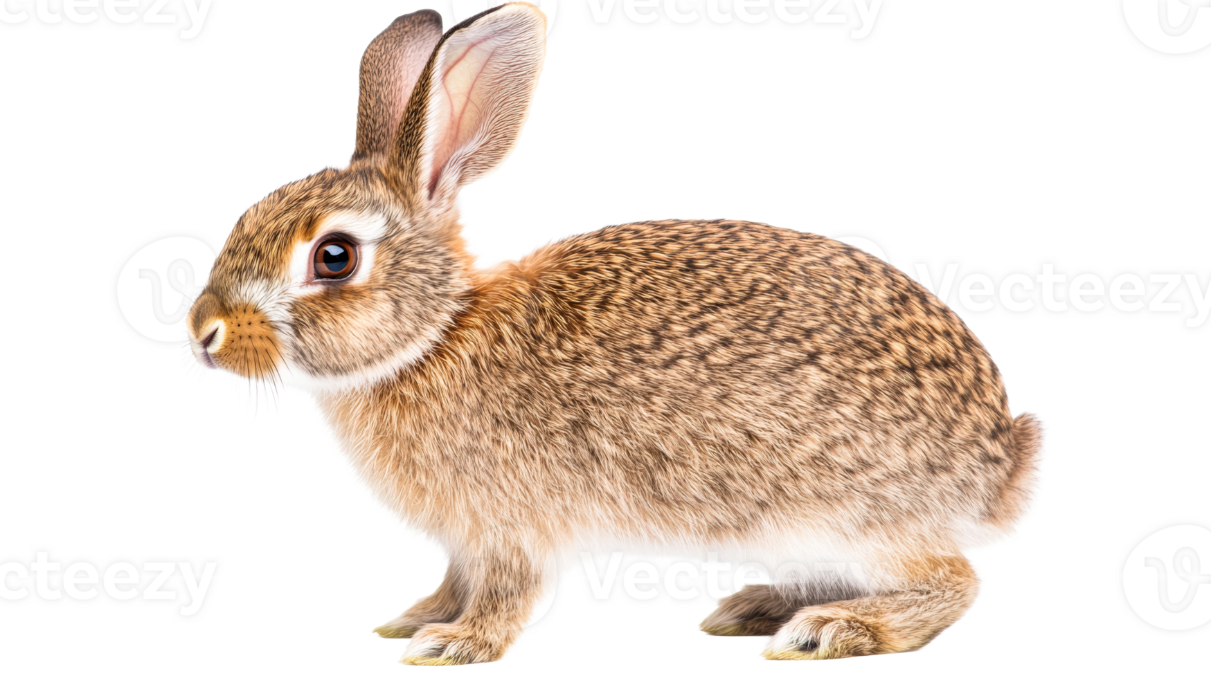 Fluffy brown rabbit with long ears sits on black background, cut out transparent png