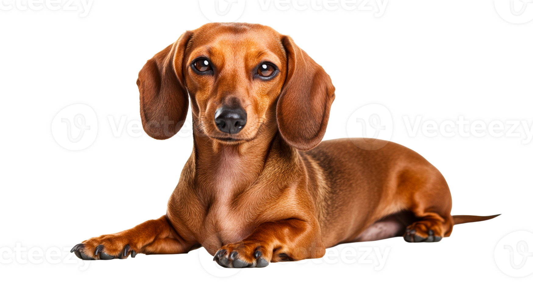 Brown dachshund dog lying down, looking at camera, studio shot, cut out transparent png