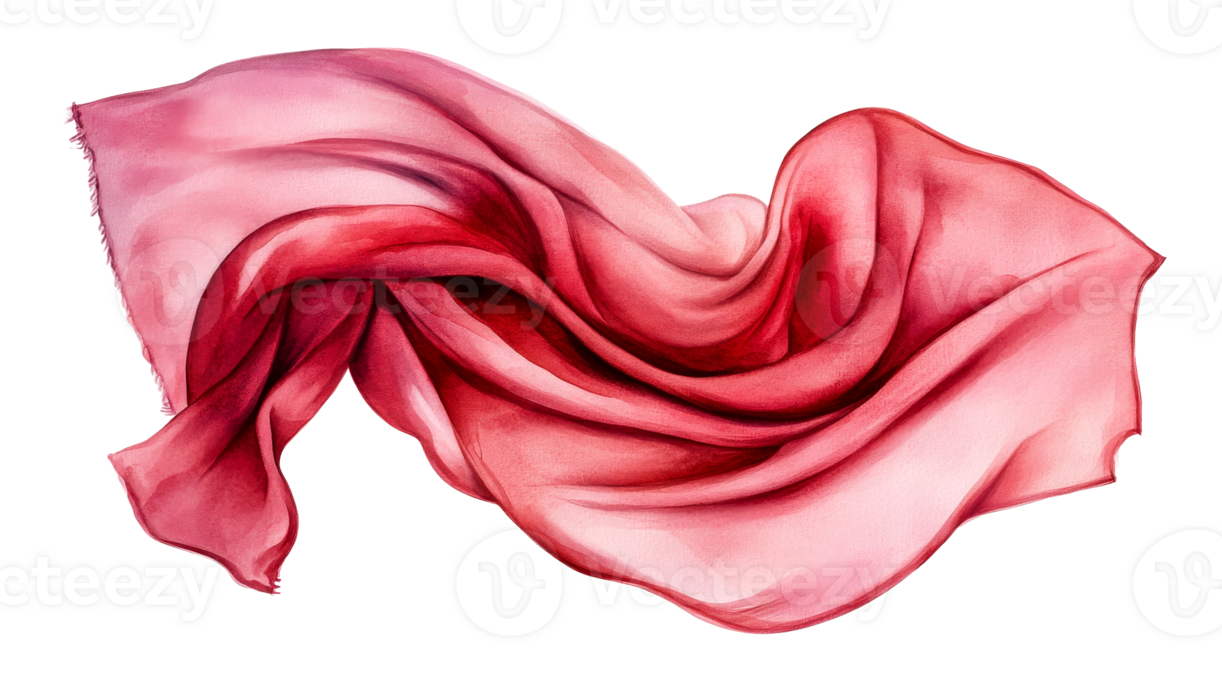 Flowing silk fabric in red watercolor, delicate texture, cut out transparent png