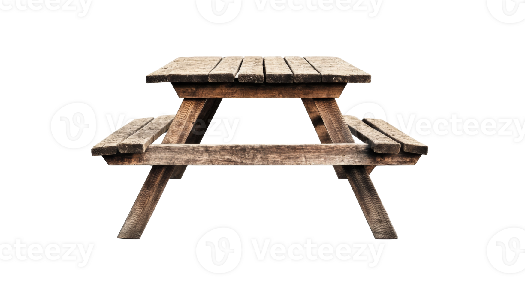 Wooden picnic table isolated on black background, cut out transparent png