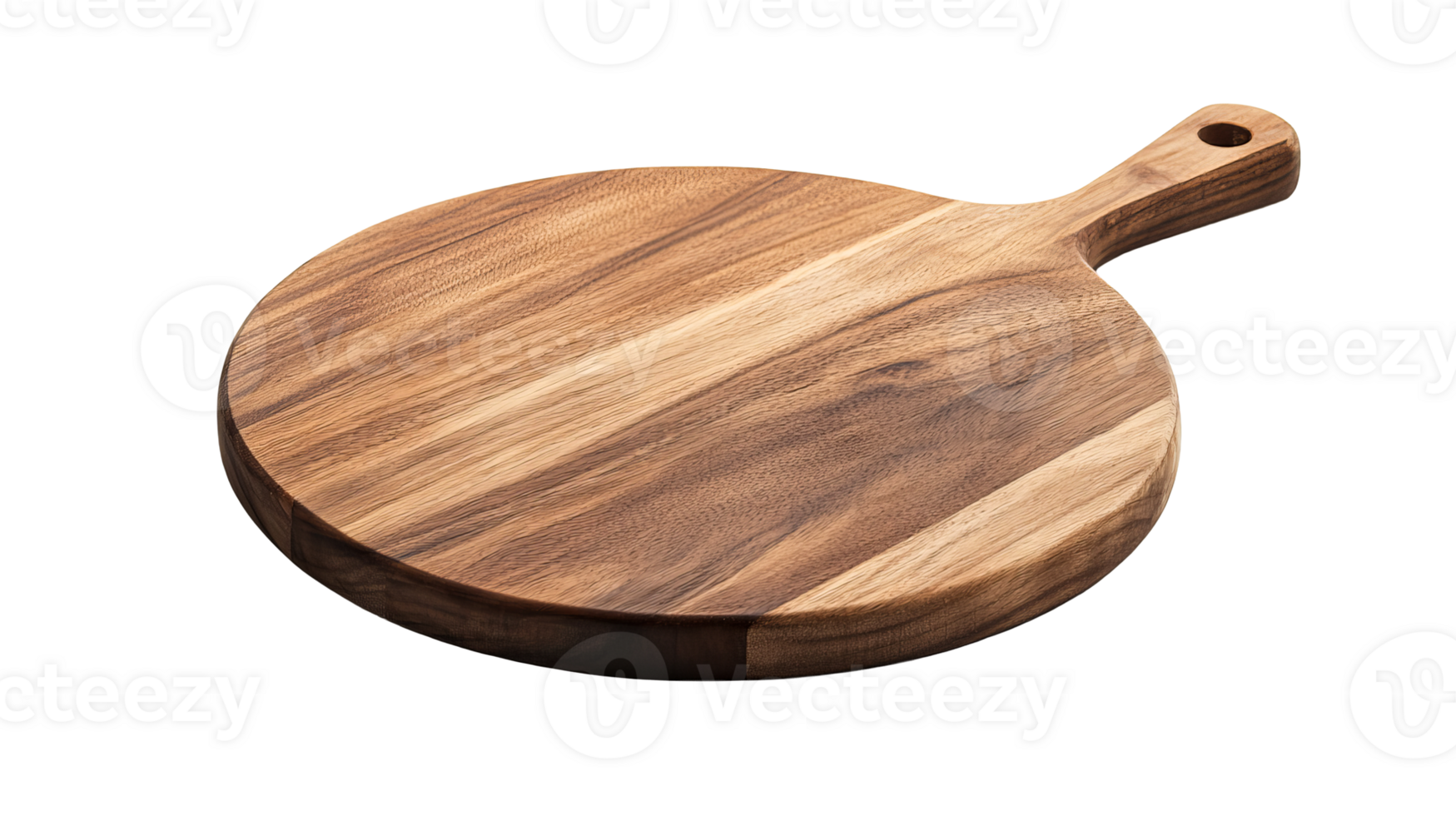 Elegant round wooden cutting board, serving platter, cut out transparent png