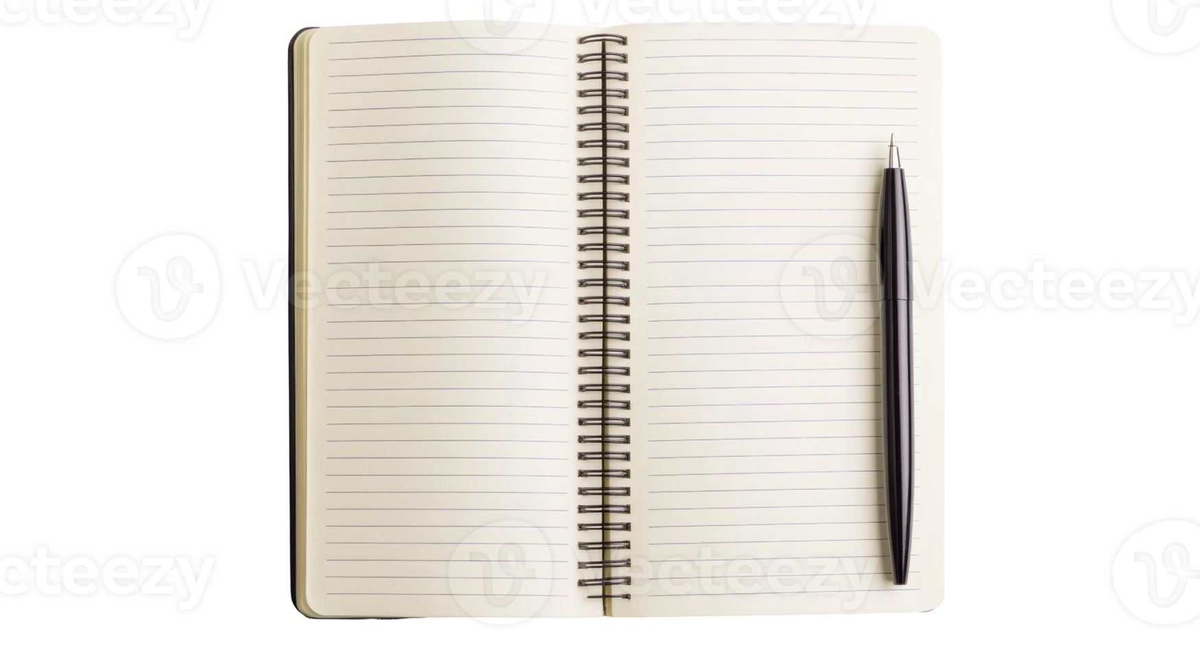 Open lined notebook with pen resting on page, cut out transparent png