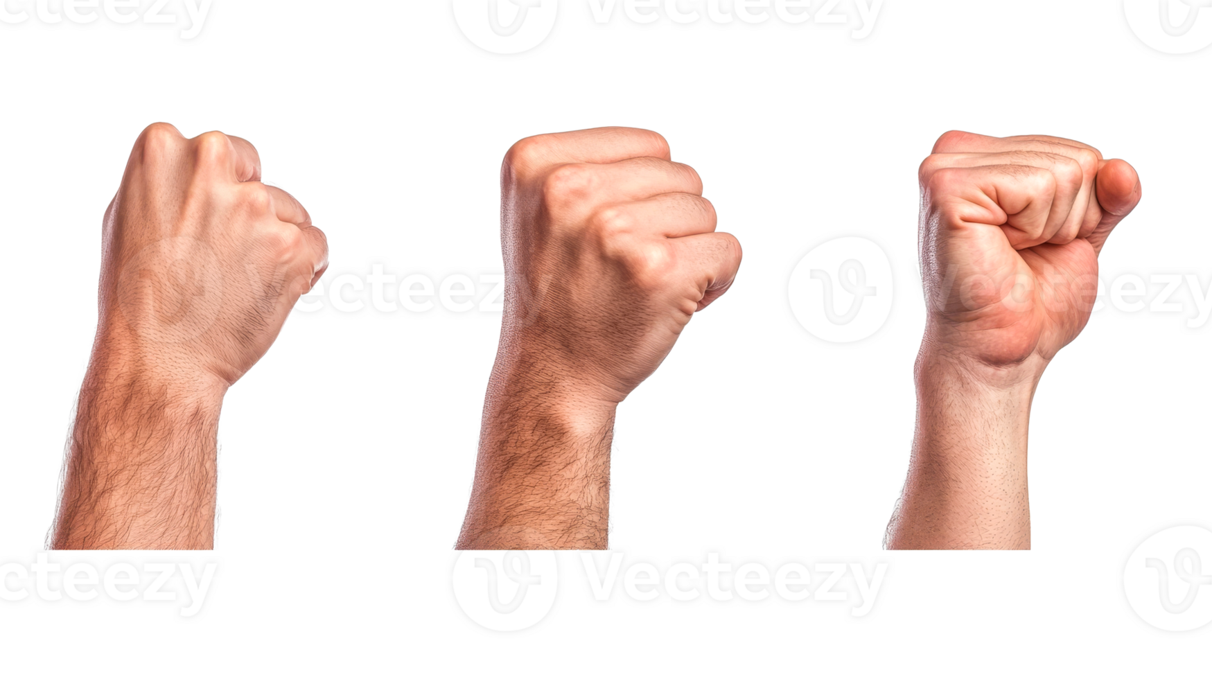 Three fists gesture different forms in the air, cut out transparent png
