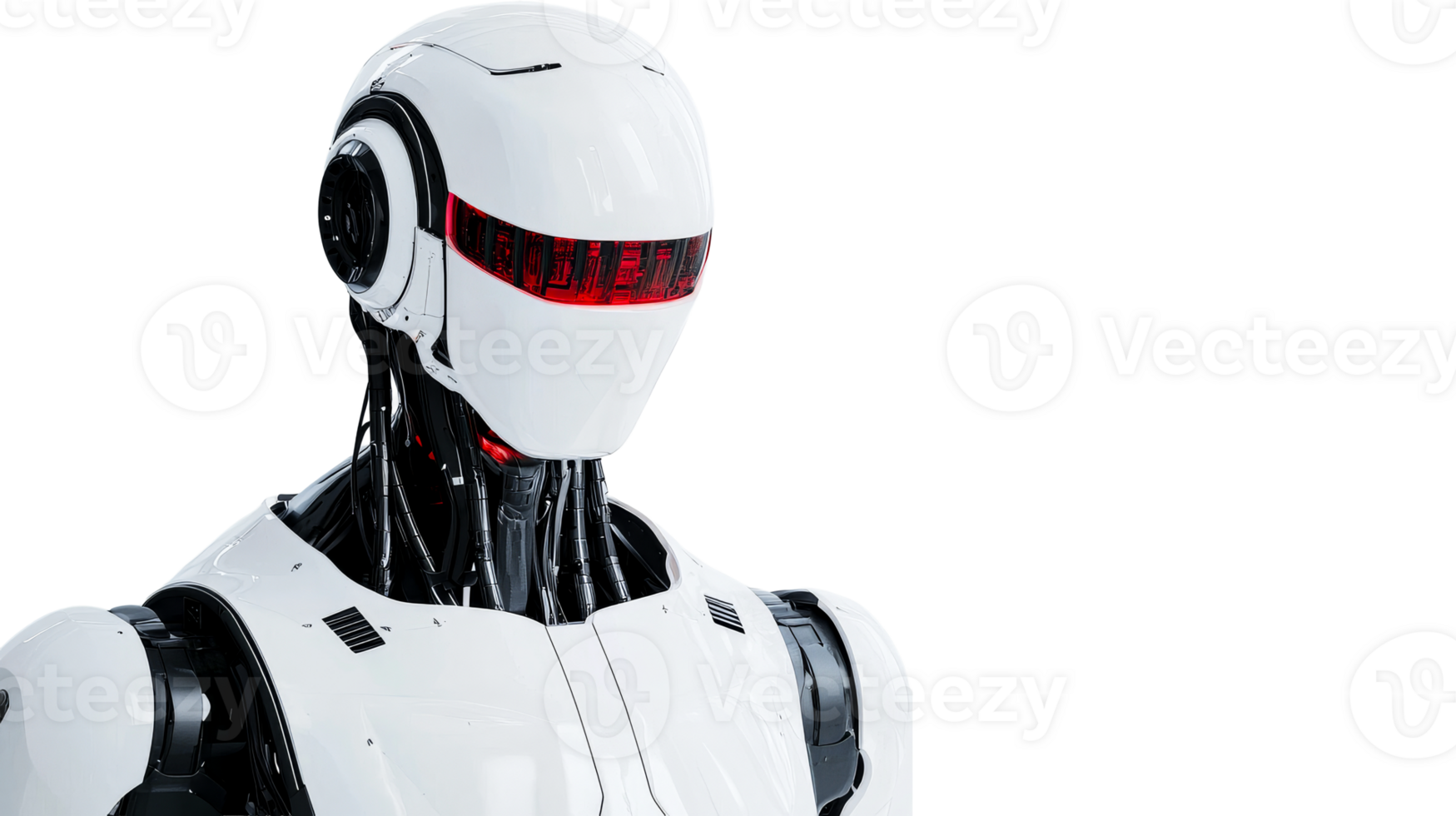 Futuristic White Robot with Red Visor on Black Background, cut out transparent png