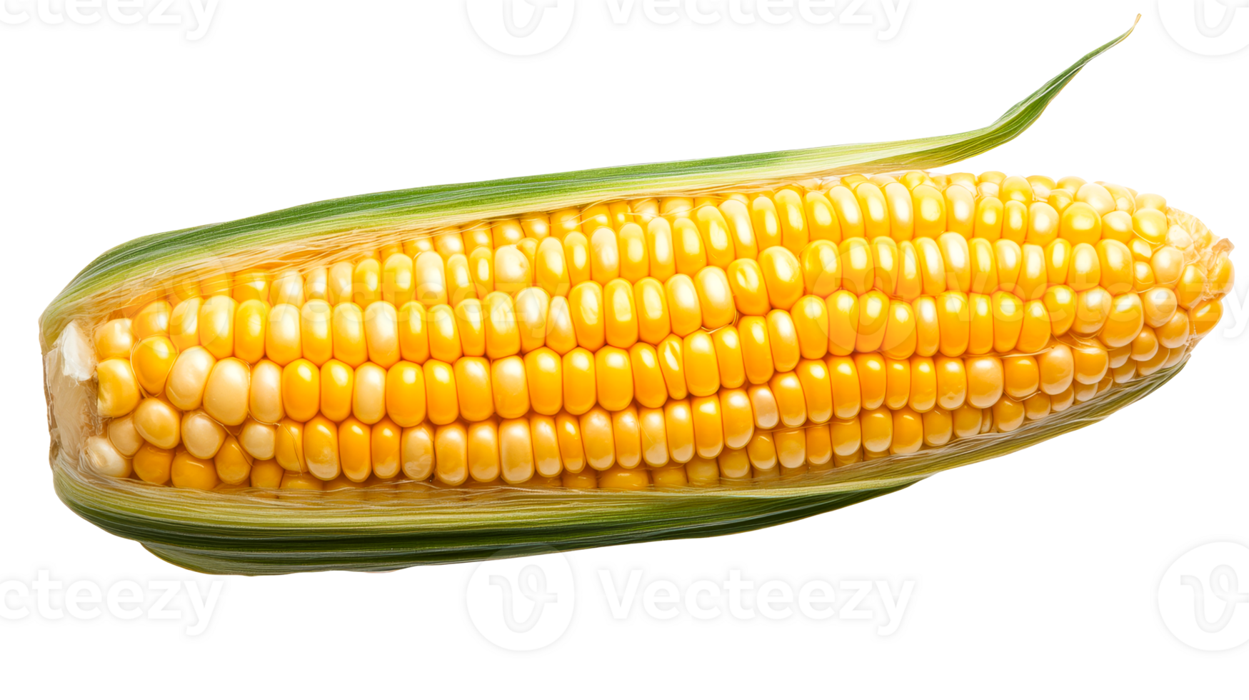 Fresh ripe ear of corn with husk, golden kernels, cut out transparent png