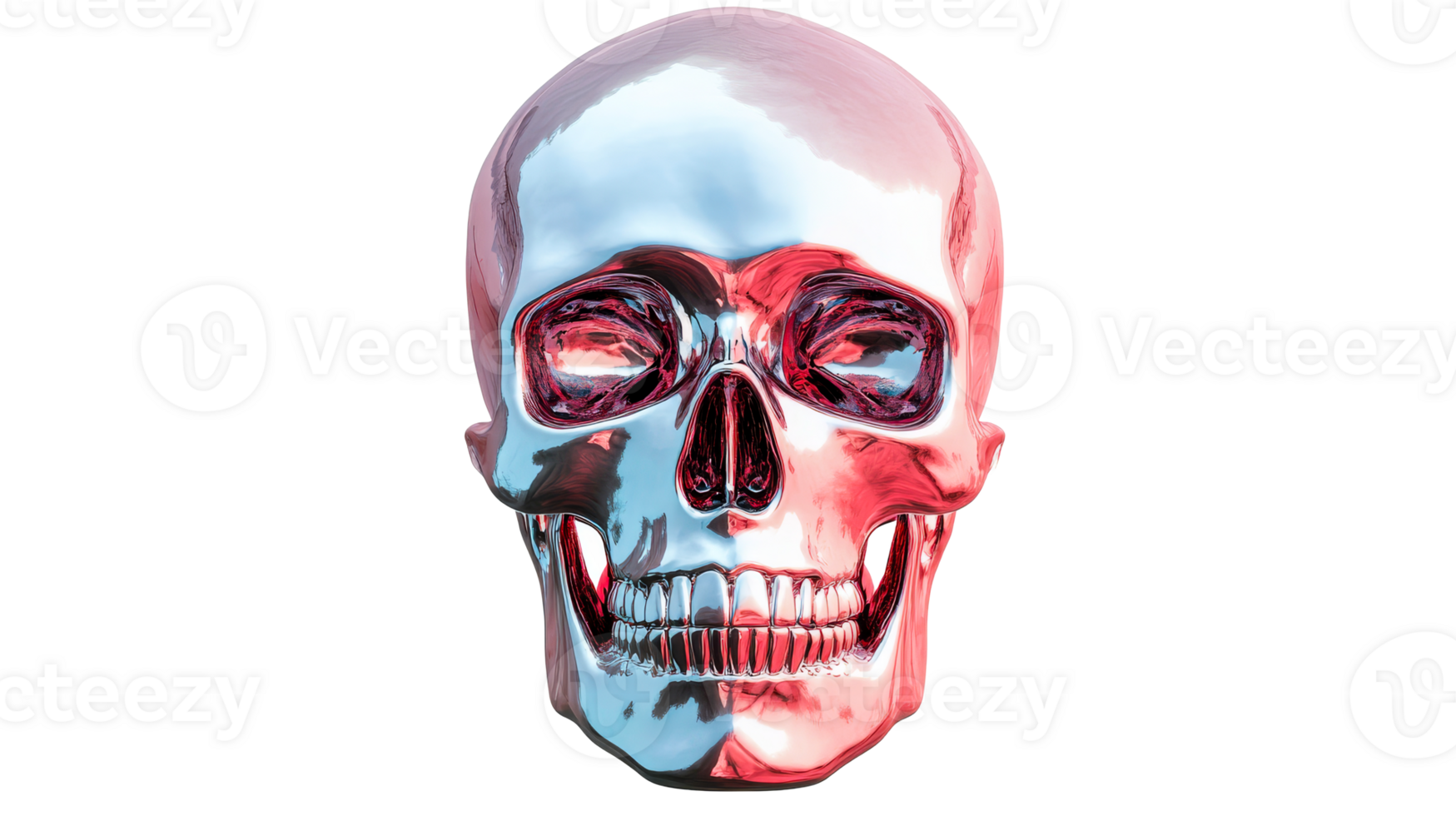 Polished chrome skull gleaming in red and blue, cut out transparent png