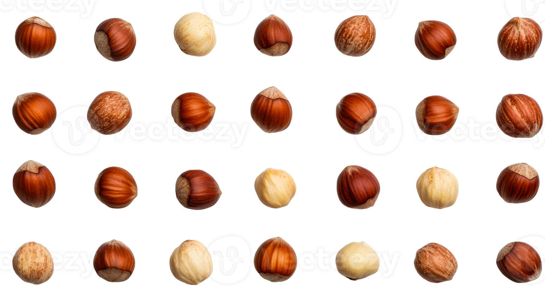 Hazelnut assortment on black background, top view, cut out transparent png