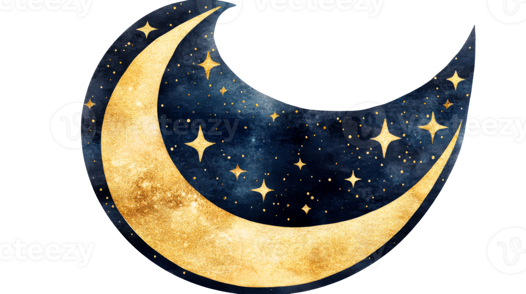 Crescent moon with stars and glitter effect on dark sky, cut out transparent png