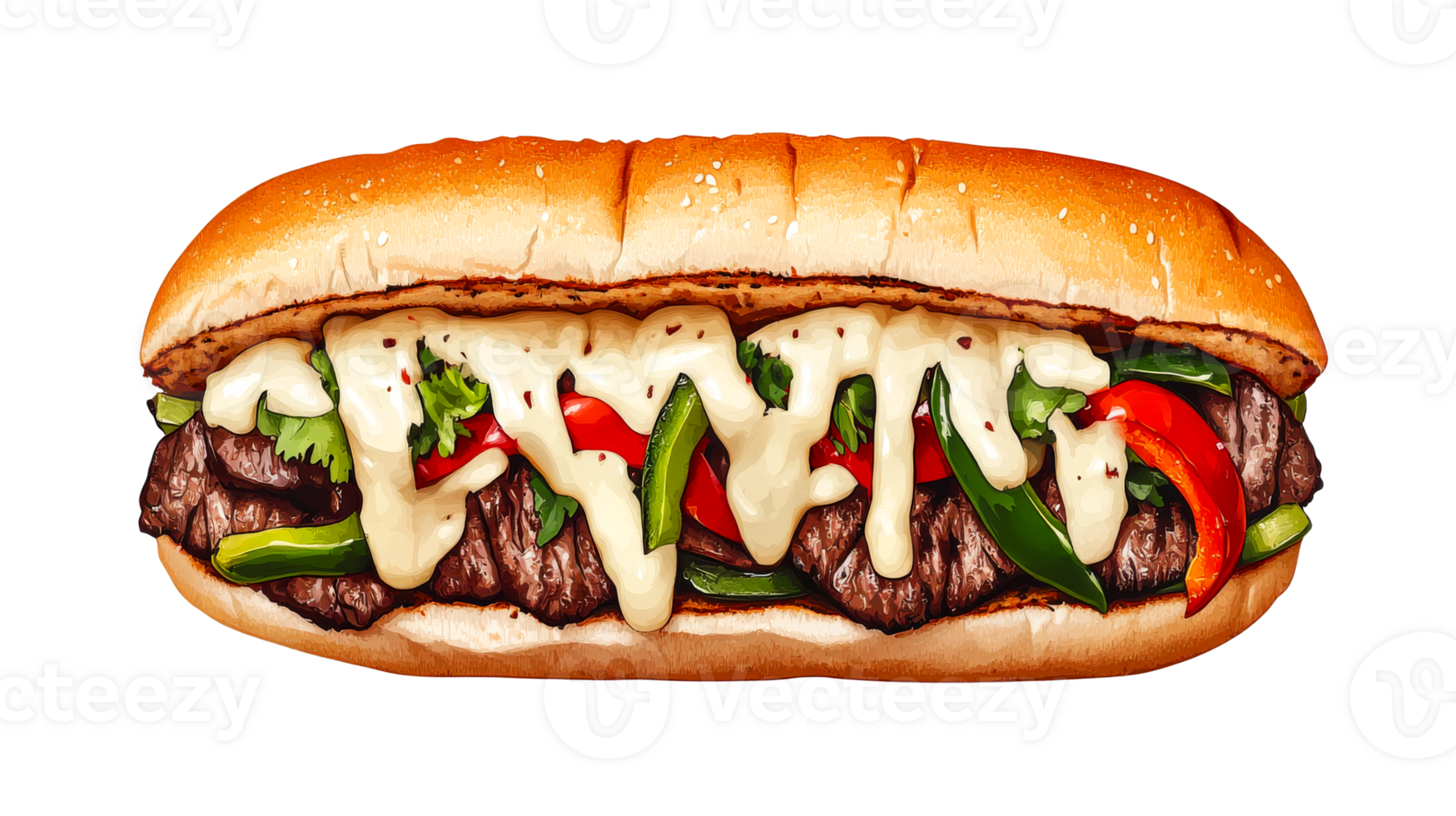 Philly cheesesteak sandwich with peppers and sauce, cut out transparent png