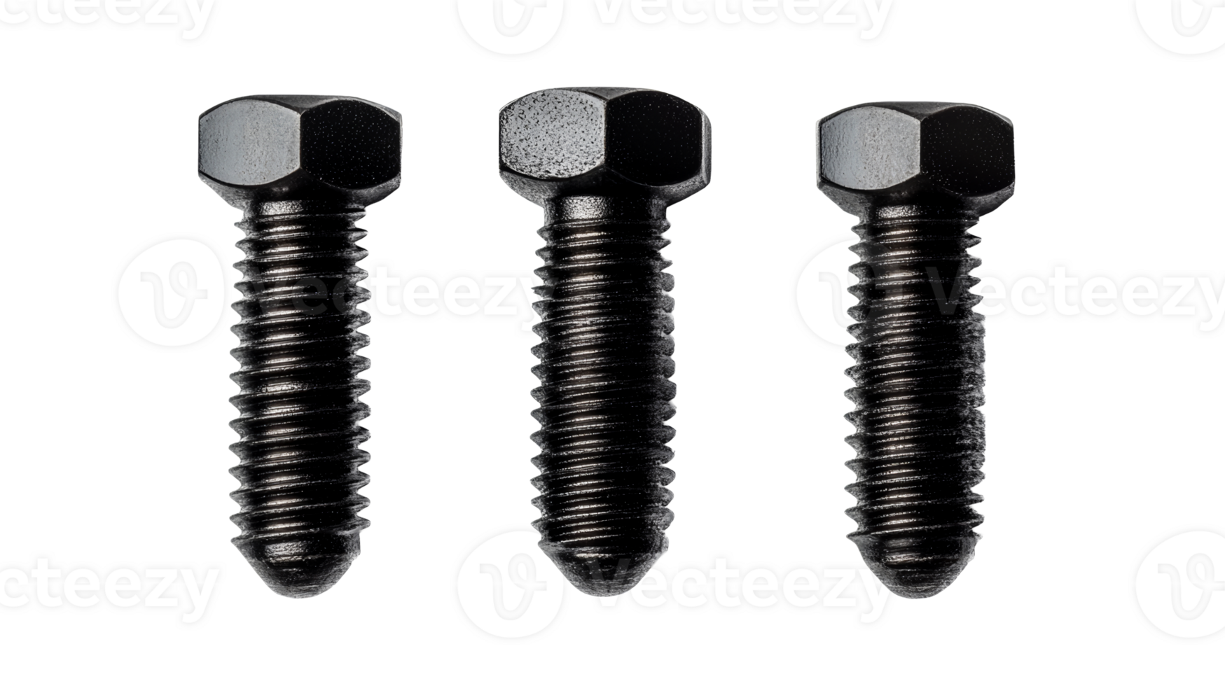 Three dark screws with bolts detailed, isolated on black, cut out transparent png