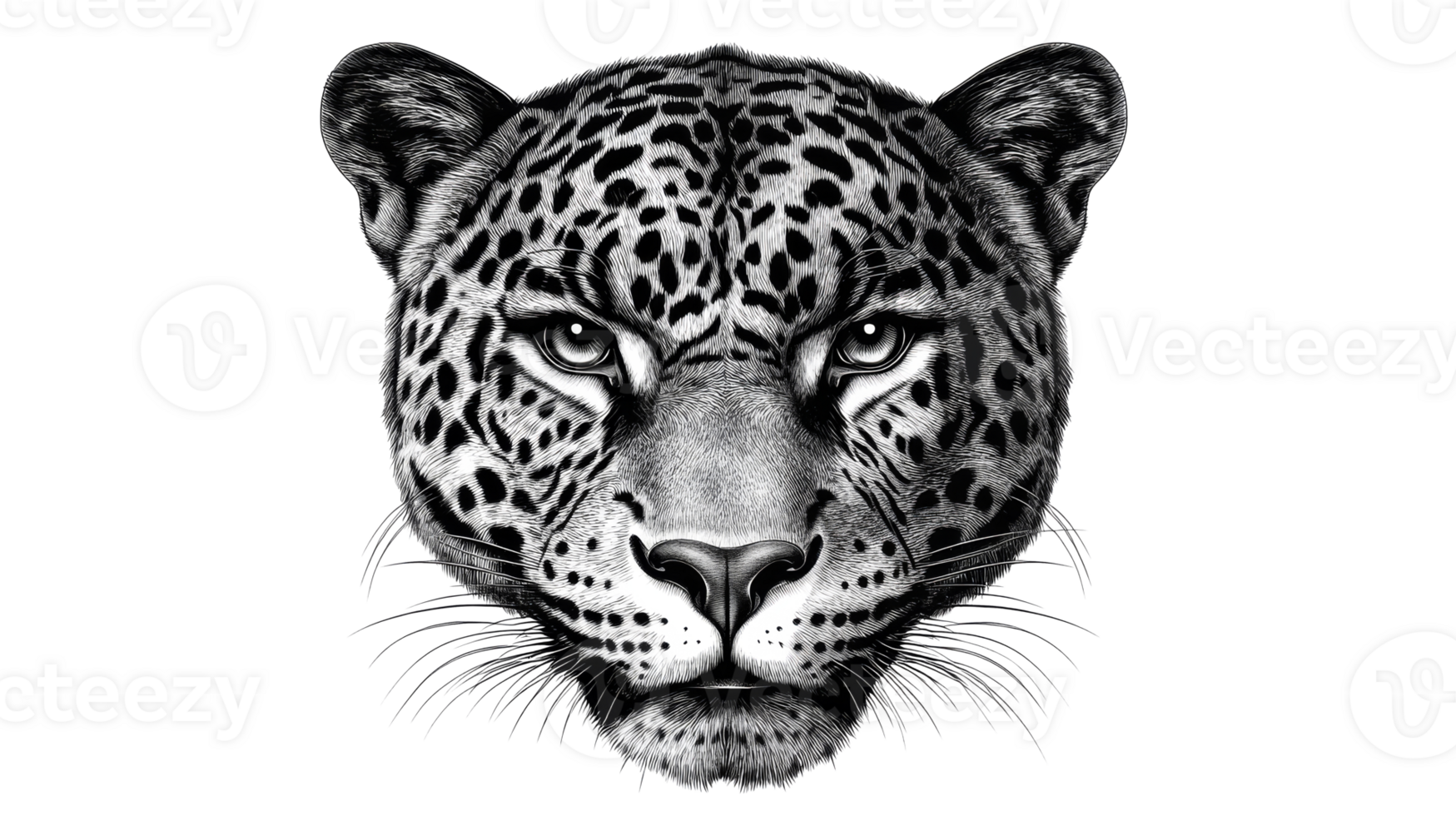 Portrait of a spotted jaguar, black and white animal drawing, cut out transparent png