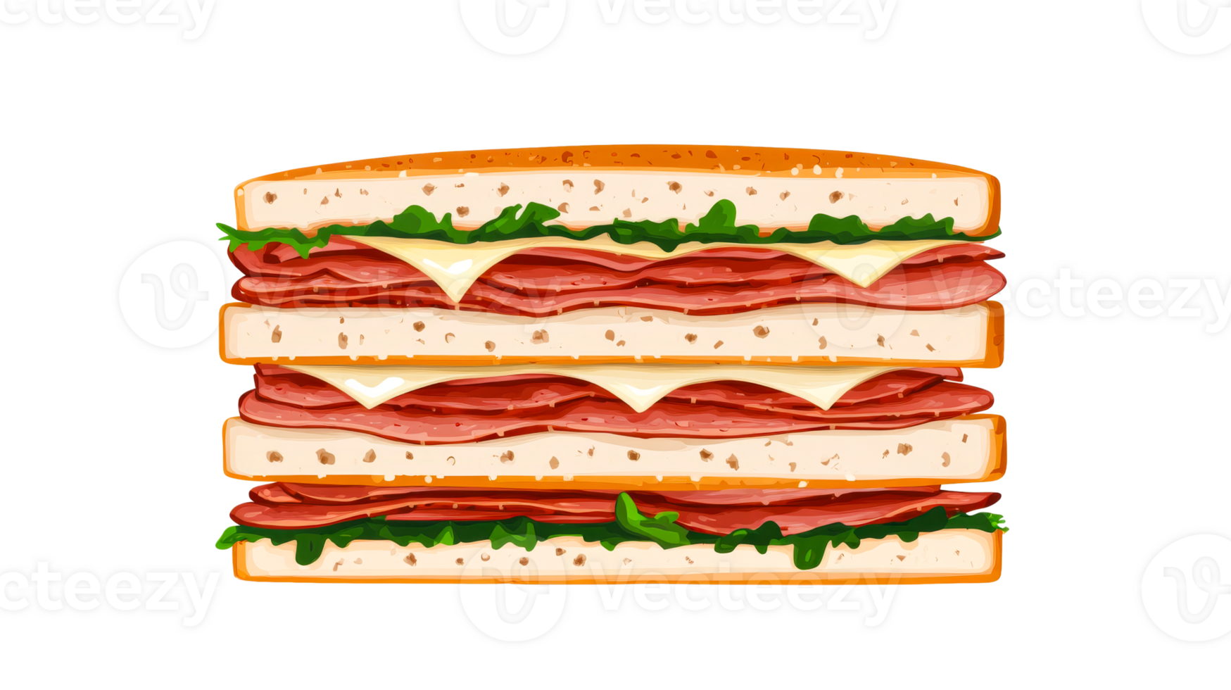 Large sandwich with meat and cheese layers, cut out transparent png