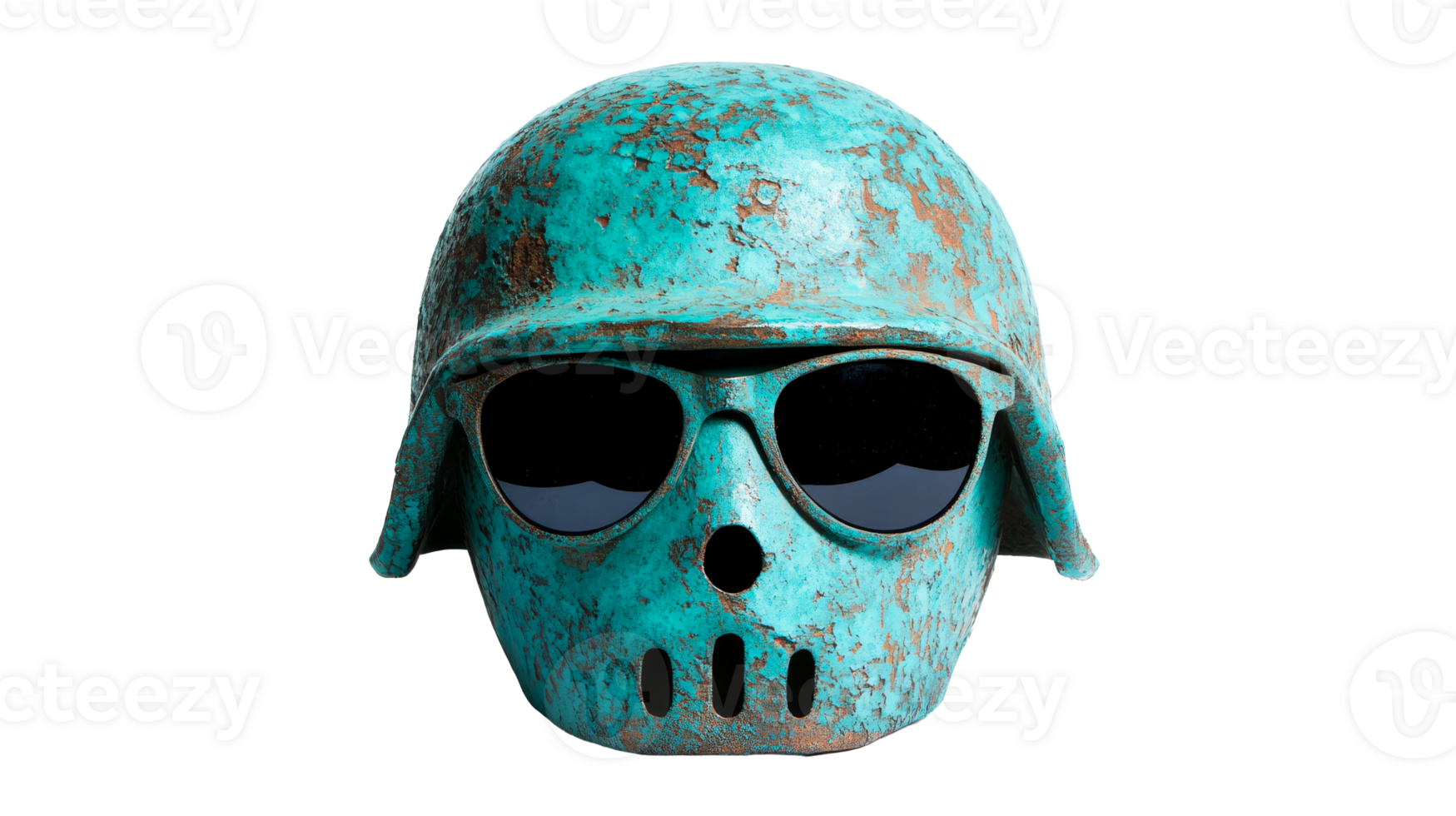 Turquoise helmet with sunglasses, textured face mask, cut out transparent png