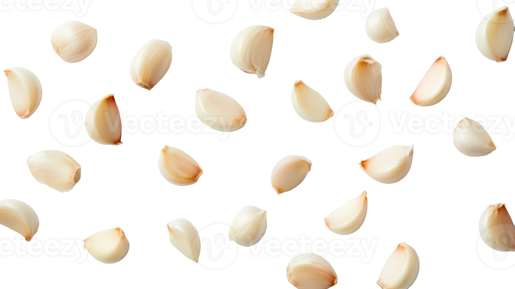 Garlic cloves scattered on black background, cut out transparent png