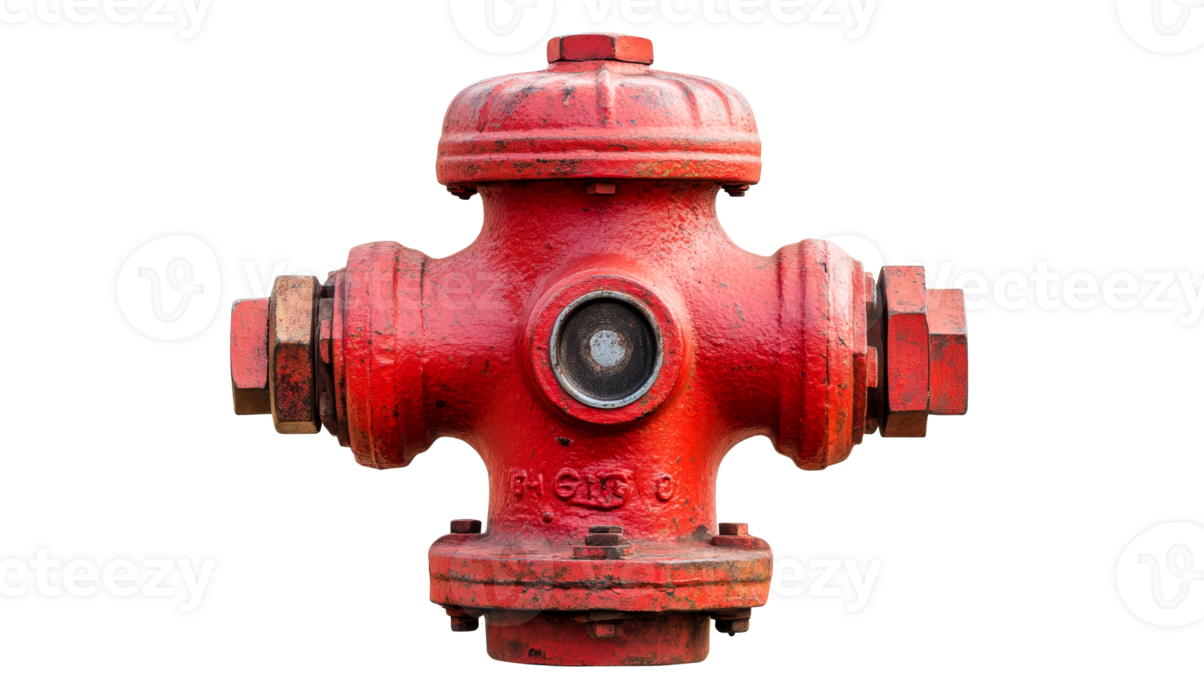 Weathered red fire hydrant isolated on black background, cut out transparent png