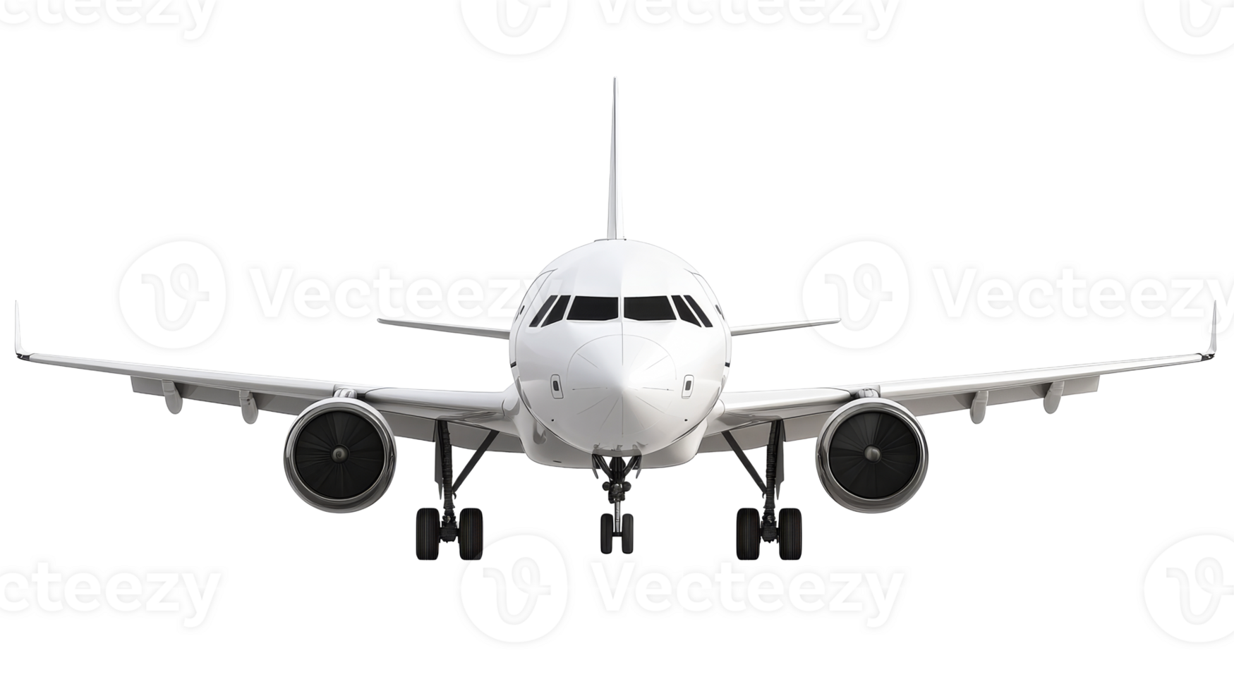Passenger plane front view on black background, cut out transparent png