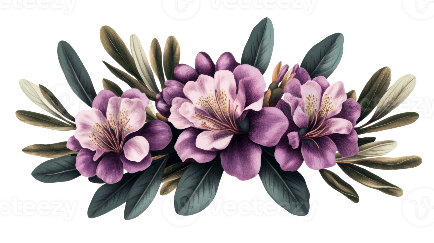 Purple tropical flower arrangement with leaves, cut out transparent png
