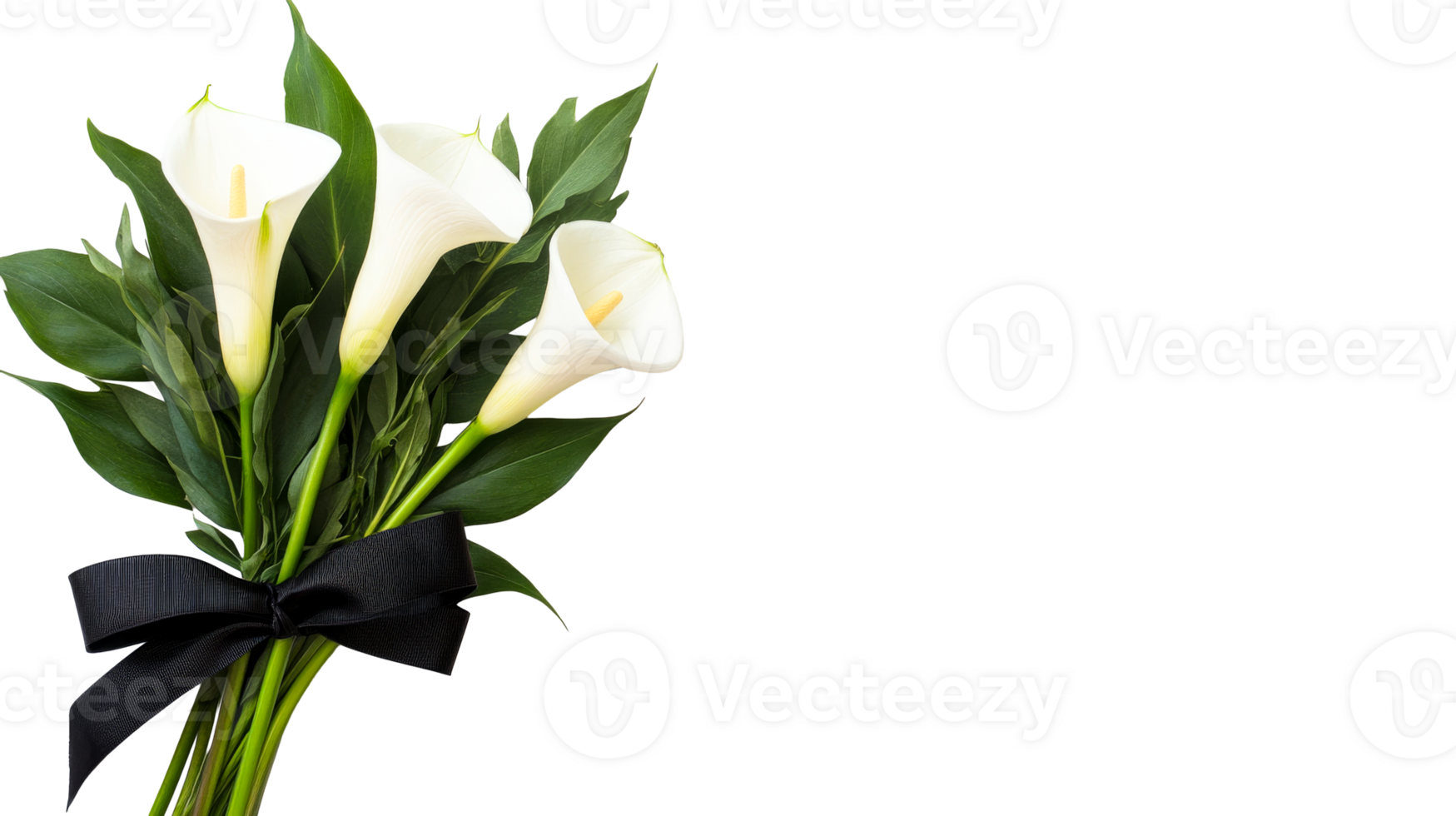 White callas with black ribbon on transparent background, cut out transparent png