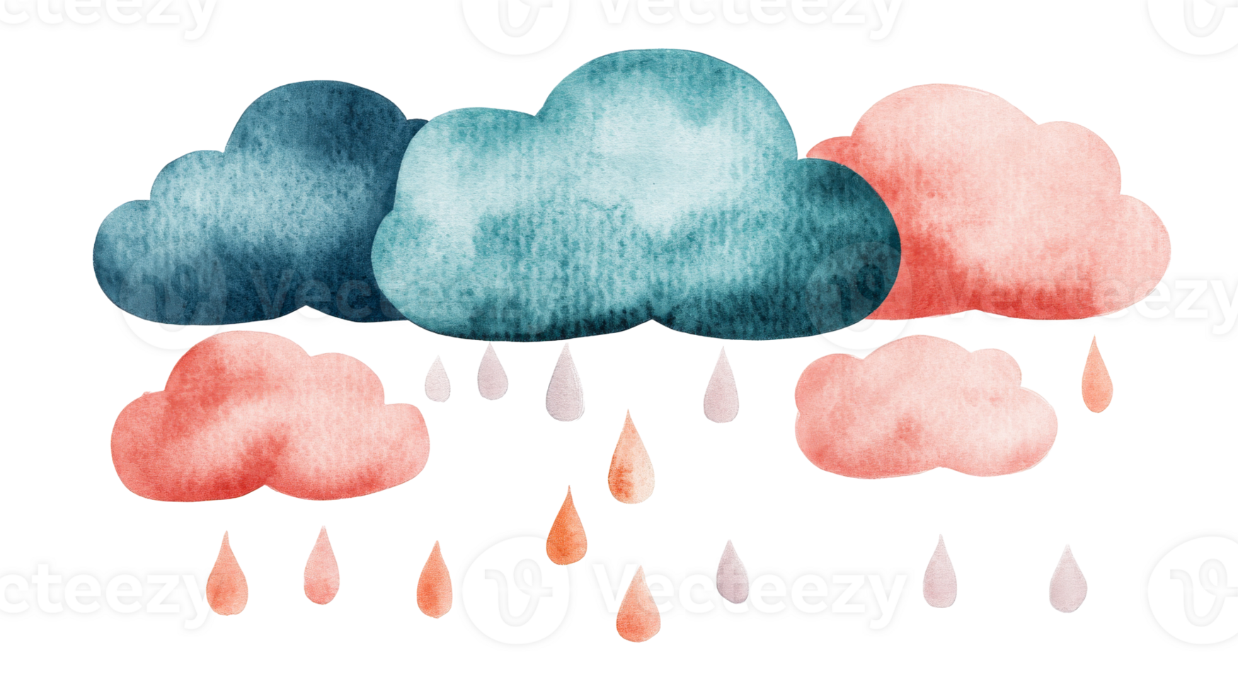 Watercolor rain, pink and blue clouds, raindrops, cut out transparent png