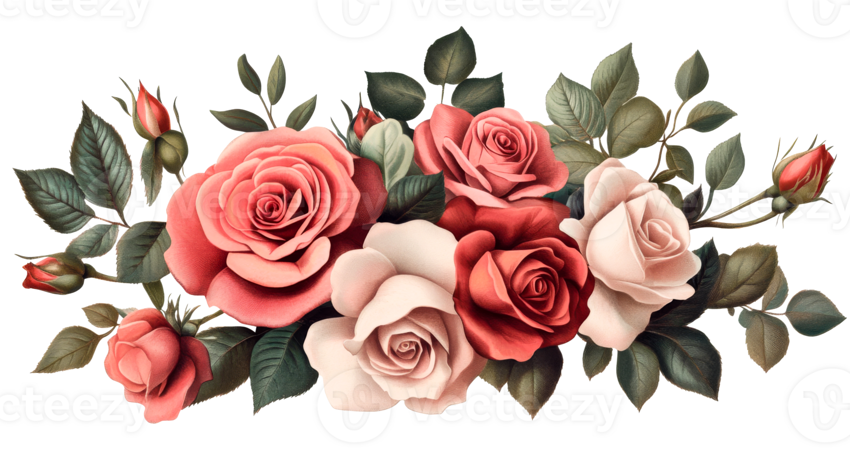 Bouquet of roses isolated on black background, cut out transparent png