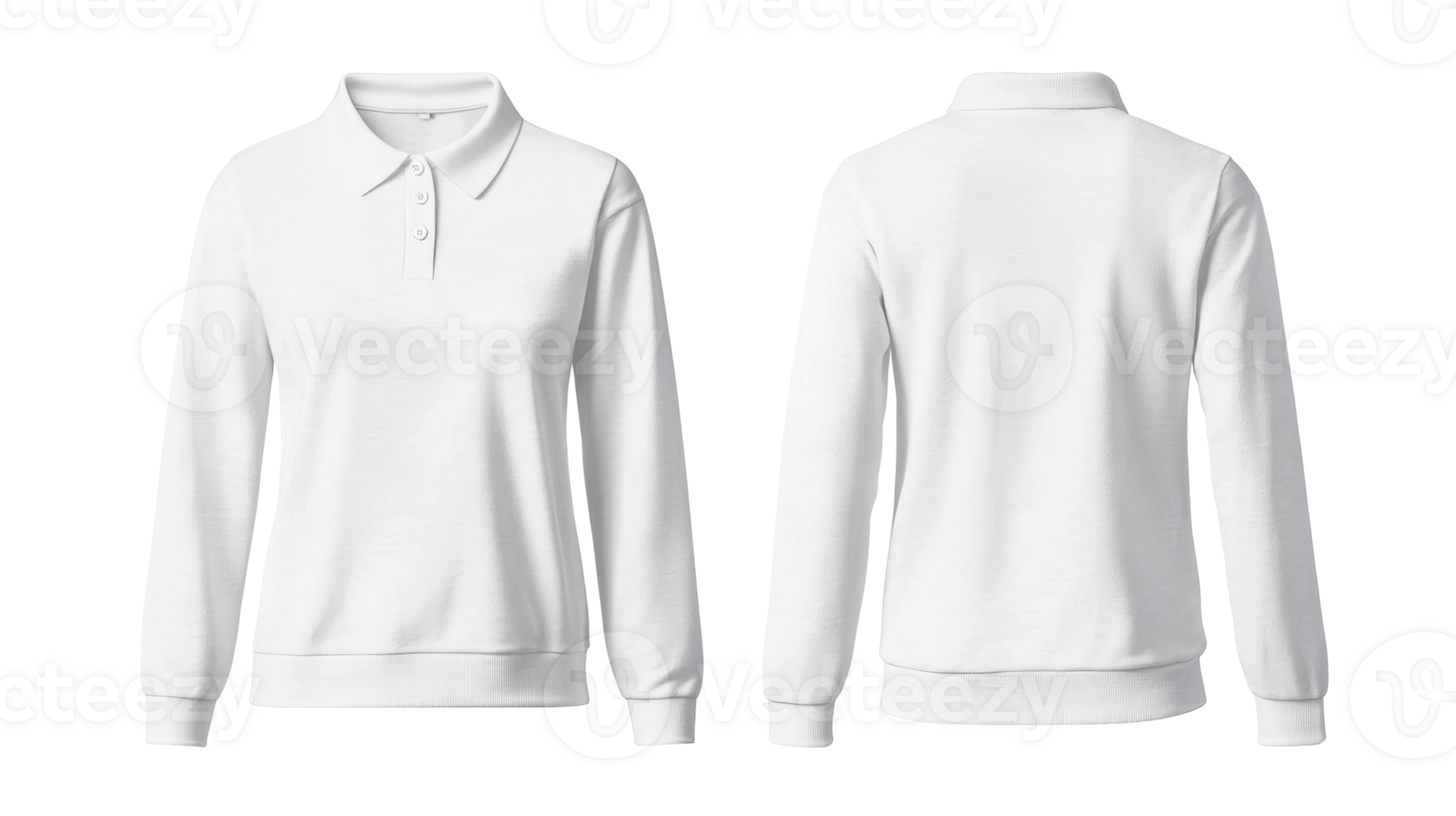 White long-sleeved polo shirt, front and back view, mockup, cut out transparent png