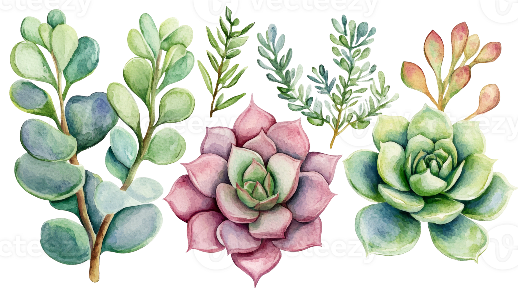Watercolor succulents and leaves on black background, cut out transparent png