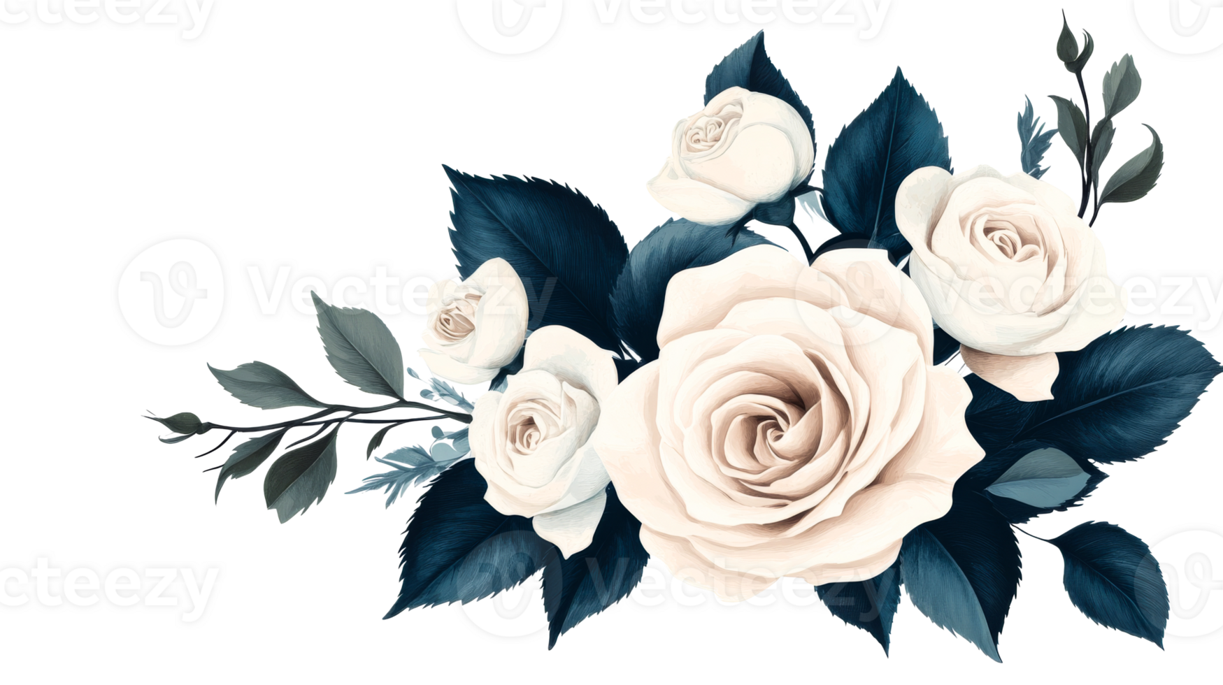 White rose flower bouquet with dark leaves, cutout transparent png