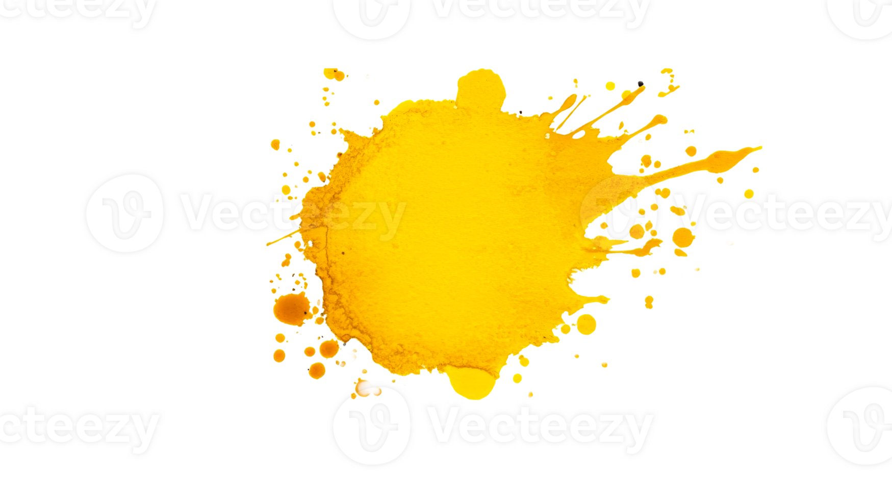 Yellow watercolor splash with splatters on black background, cut out transparent png