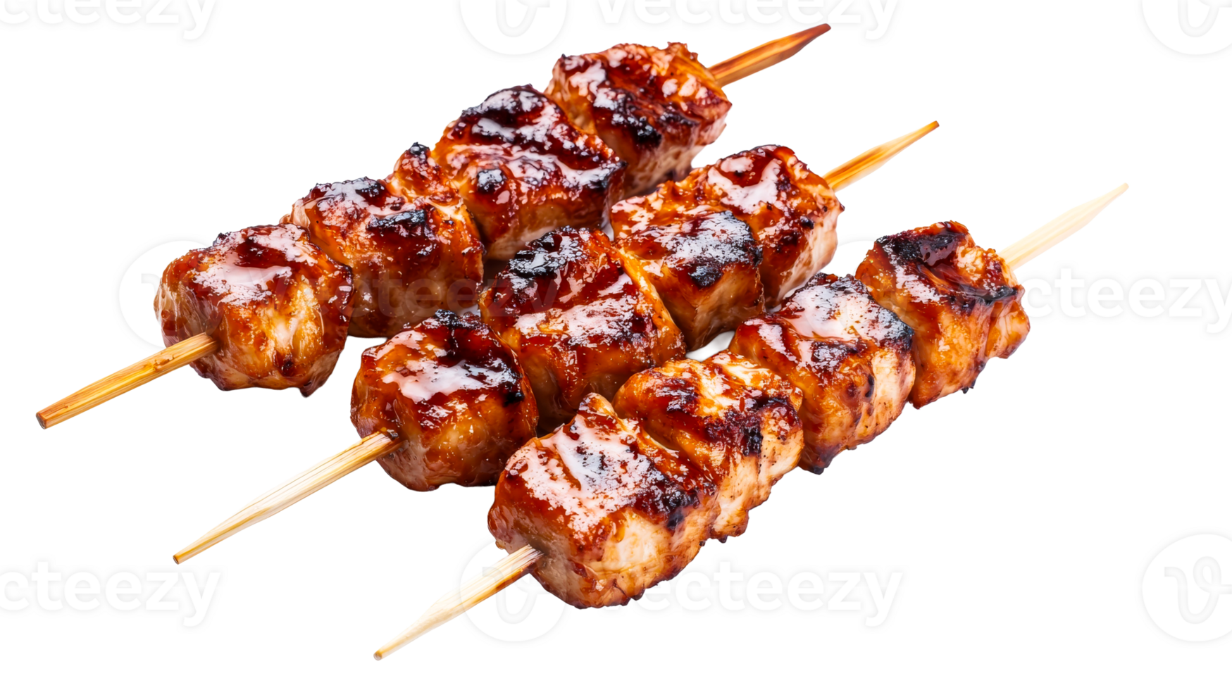 Two skewers of grilled chicken kabobs, chicken on sticks, cut out transparent png