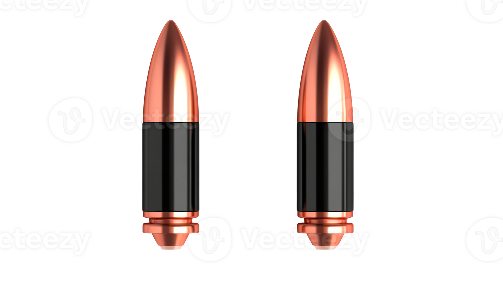 Bullets with copper tips on black background, cut out transparent png