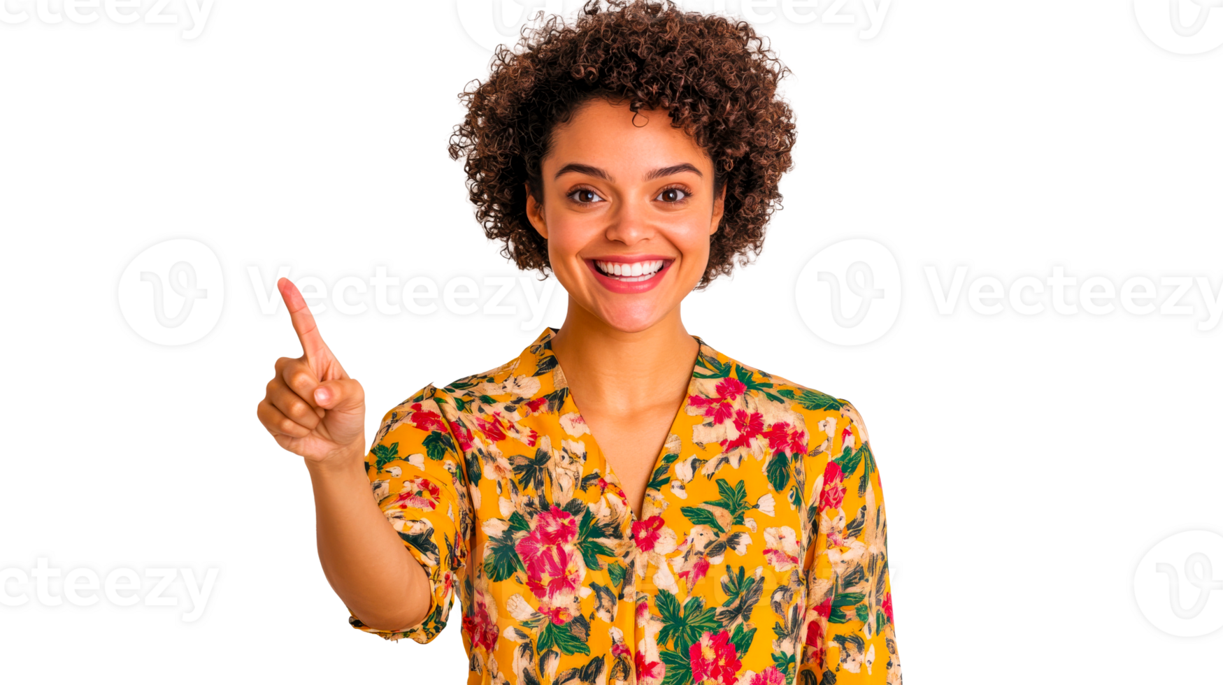 Smiling woman pointing up, demonstrating number one, cut out transparent png