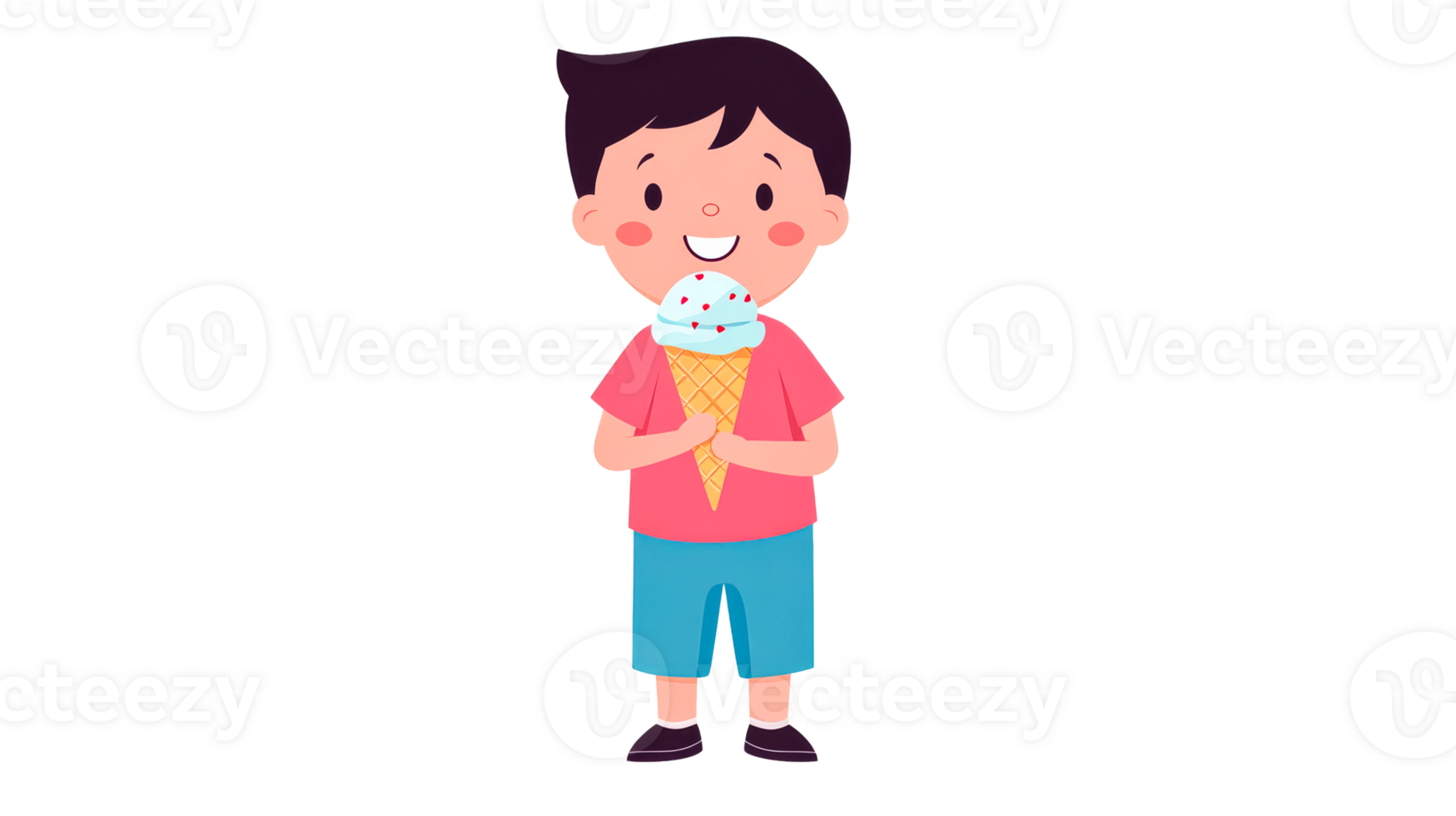 Joyful boy enjoys ice cream cone, cartoon child, cut out transparent png