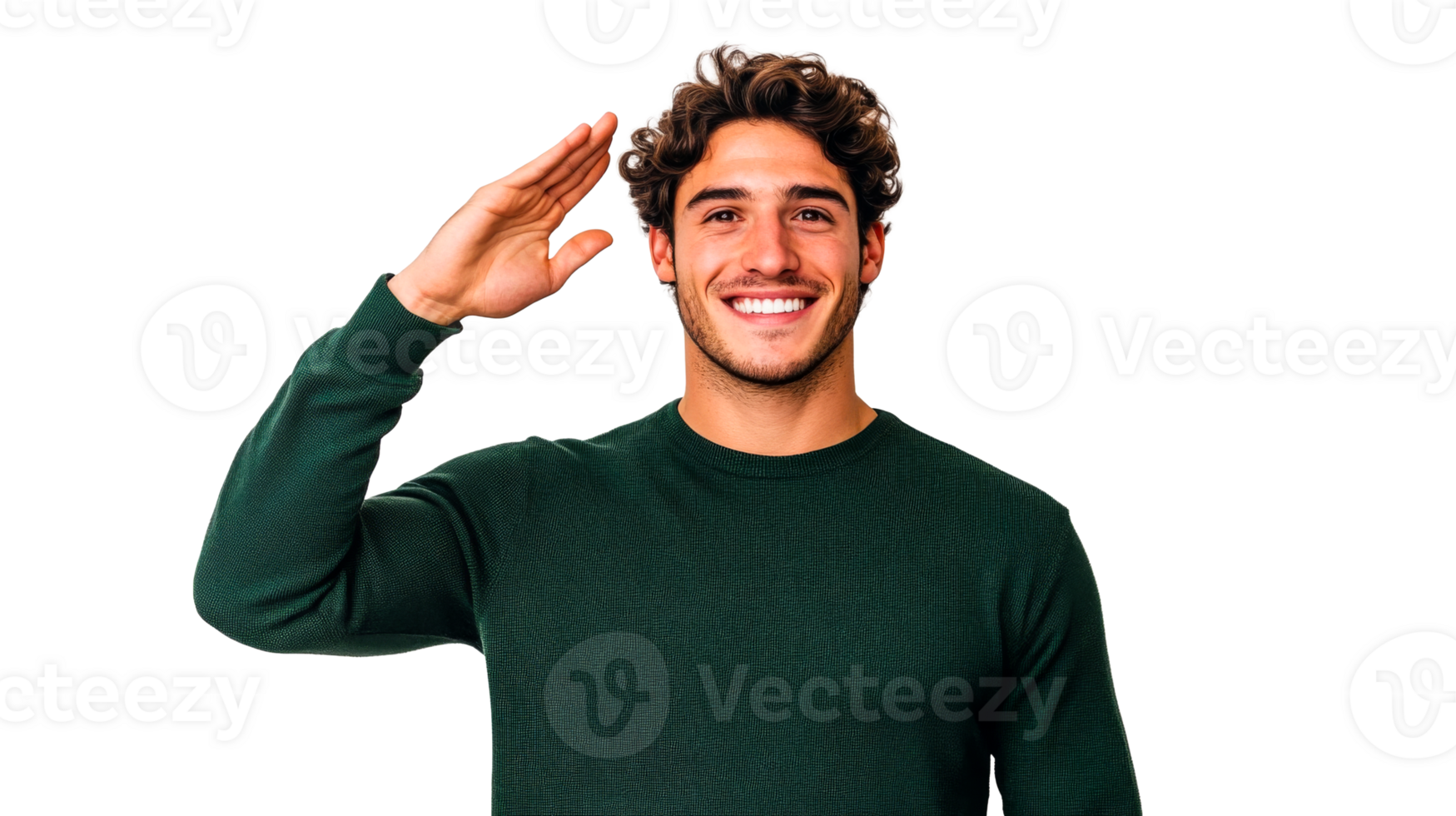 Man with curly hair saluting, smiling, transparent background, cut out transparent png