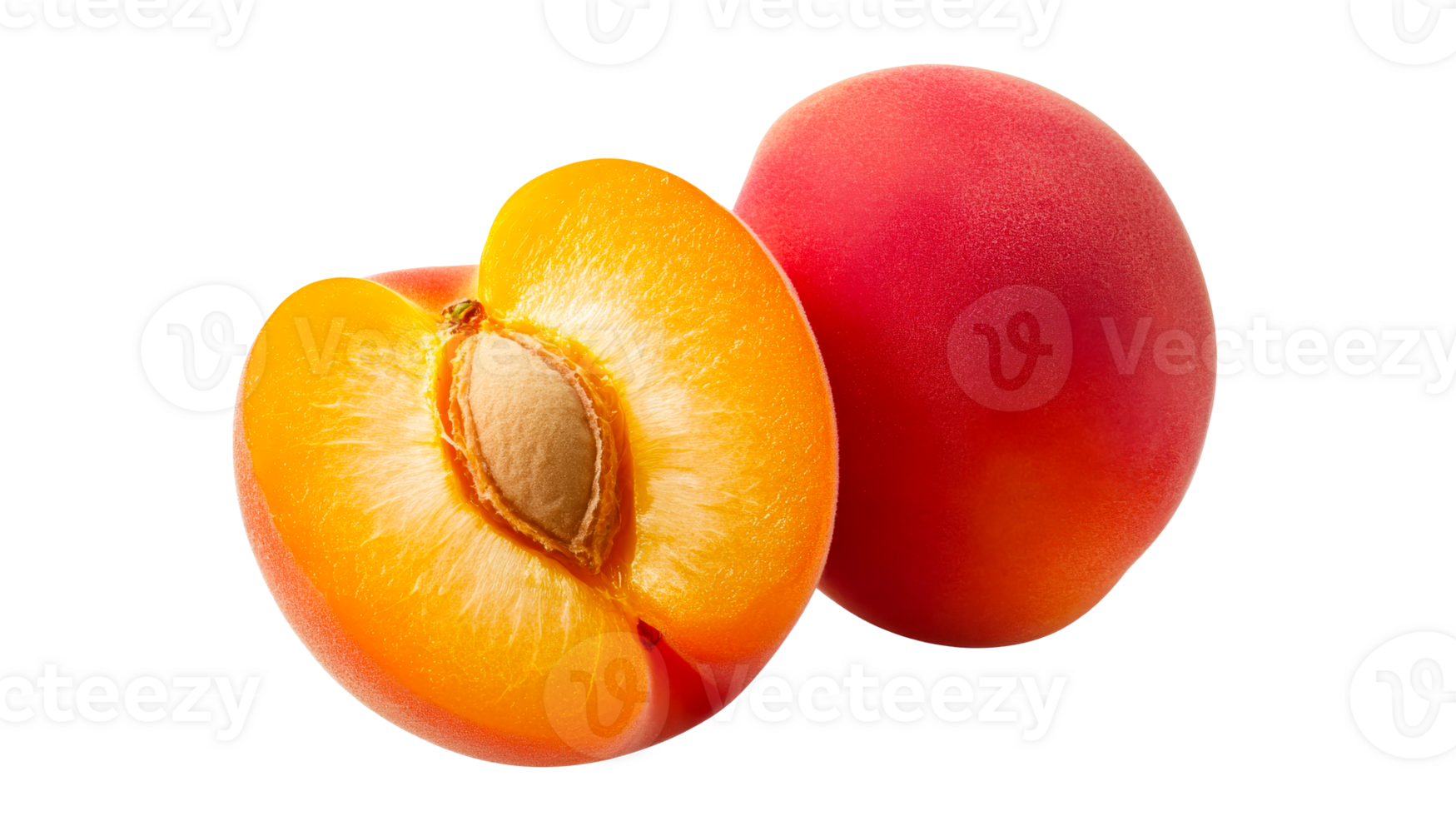 Apricot fruit with a cross section showing pit, food macro photography, cut out transparent png