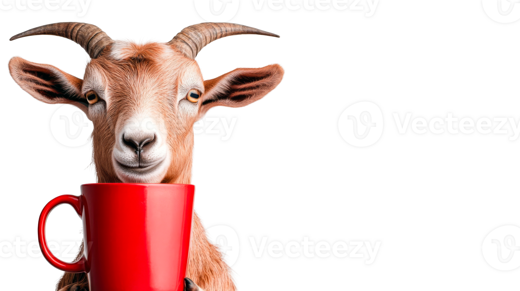 Goat with a red cup smiles mysteriously, cut out transparent png