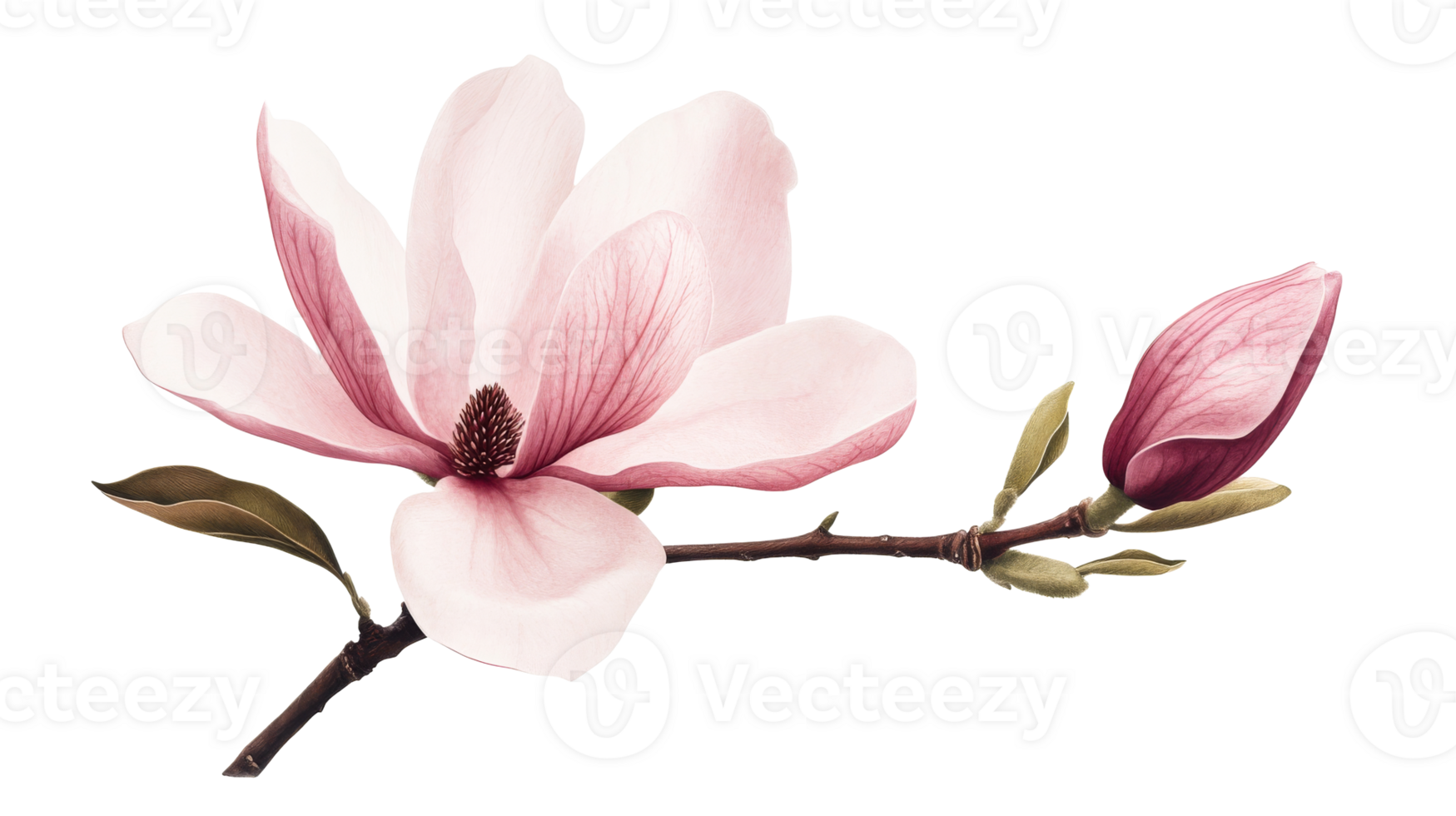 Blooming Pink Magnolia on a Branch with a Bud, cut out transparent png