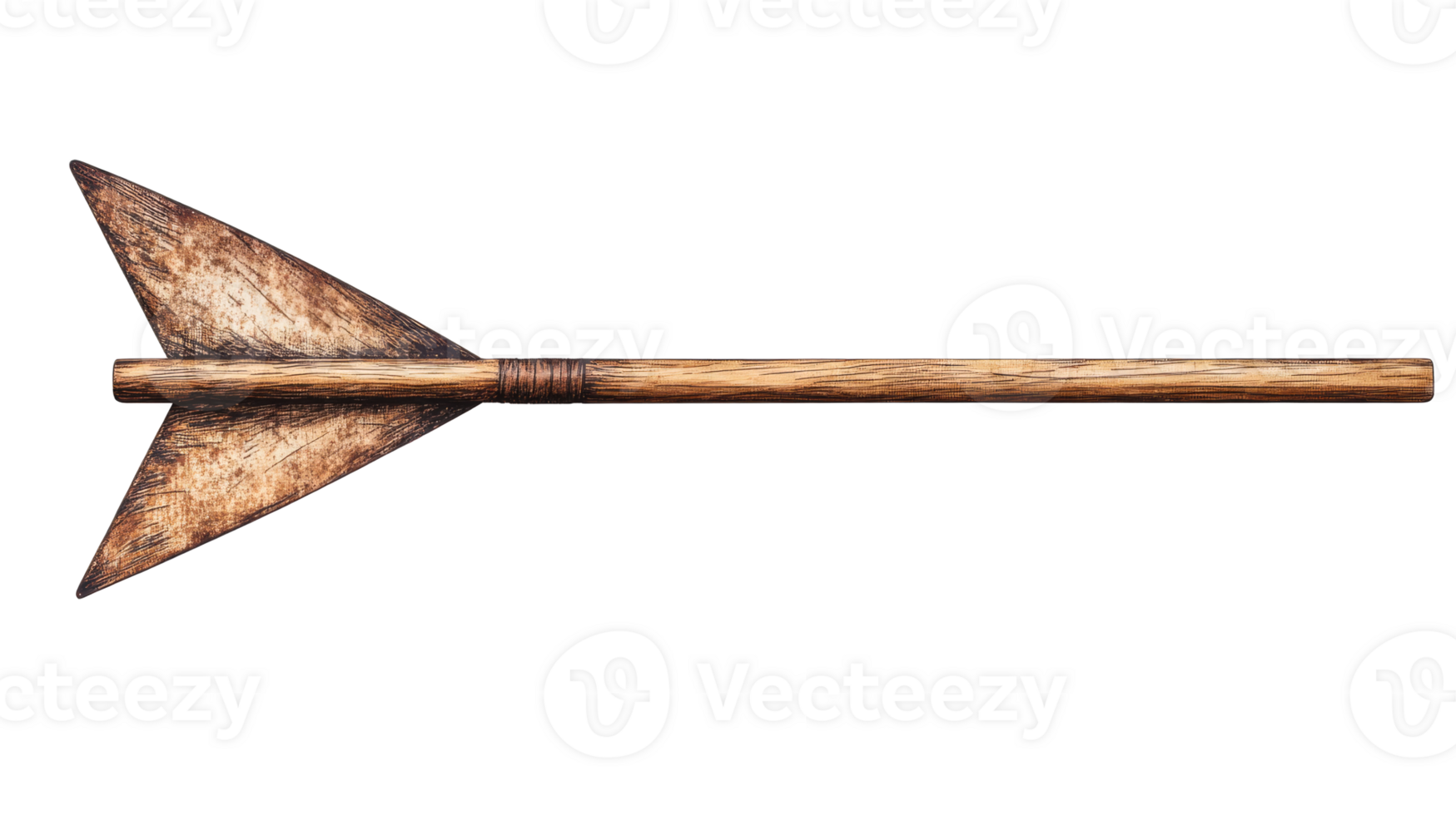 Ancient wooden arrow with broadhead, isolated on black background, cut out transparent png